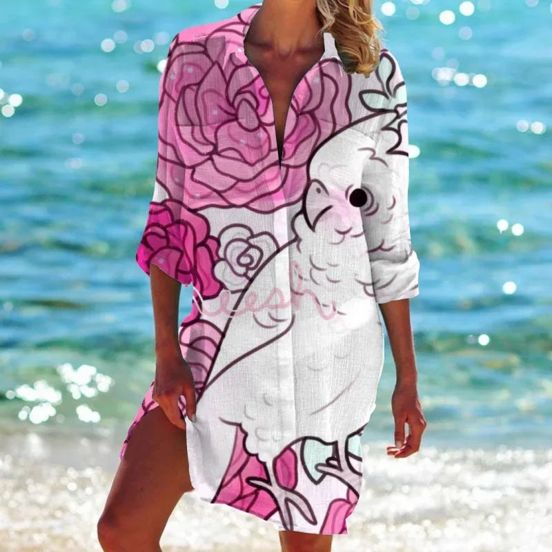 3.Women's Summer Hawaiian Parrot 3D Print Blouse – Long Sleeve Mid-Length Button-Up Beach Shirt with Pockets