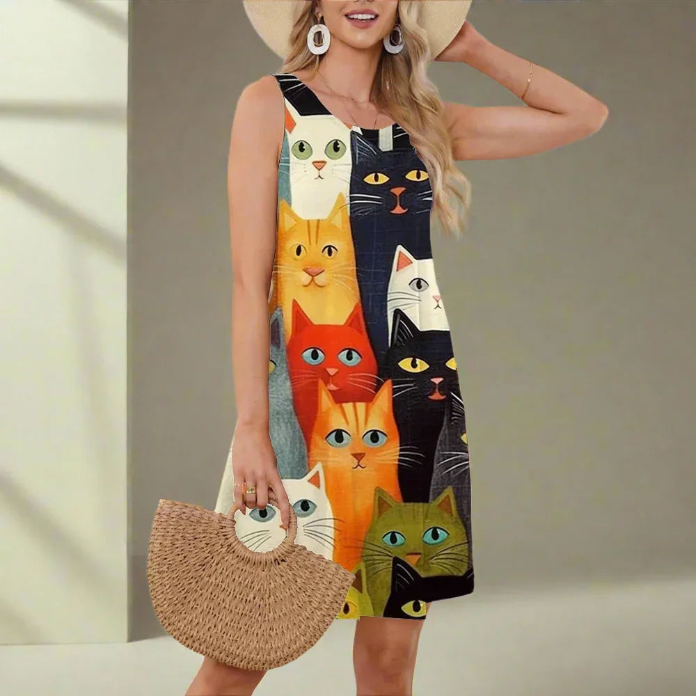 Elegant Sleeveless Knee-Length Dress Collection with Animal and Plant Prints
