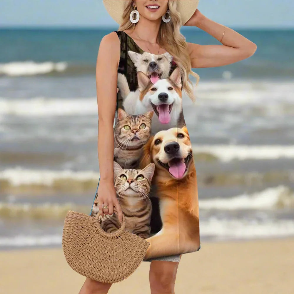 Elegant Sleeveless Knee-Length Dress Collection with Animal and Plant Prints