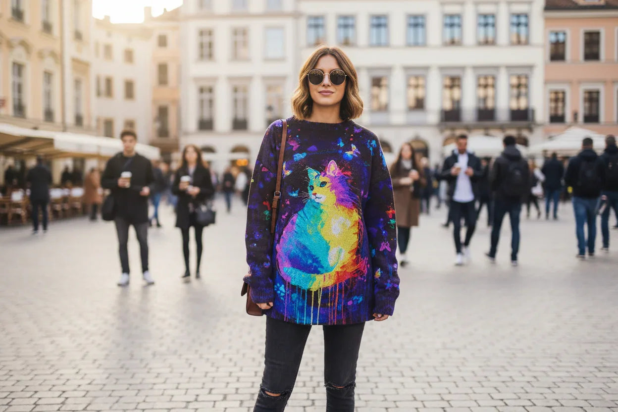Unisex Vintage Cat Art Print Sweaters (XS-7XL)