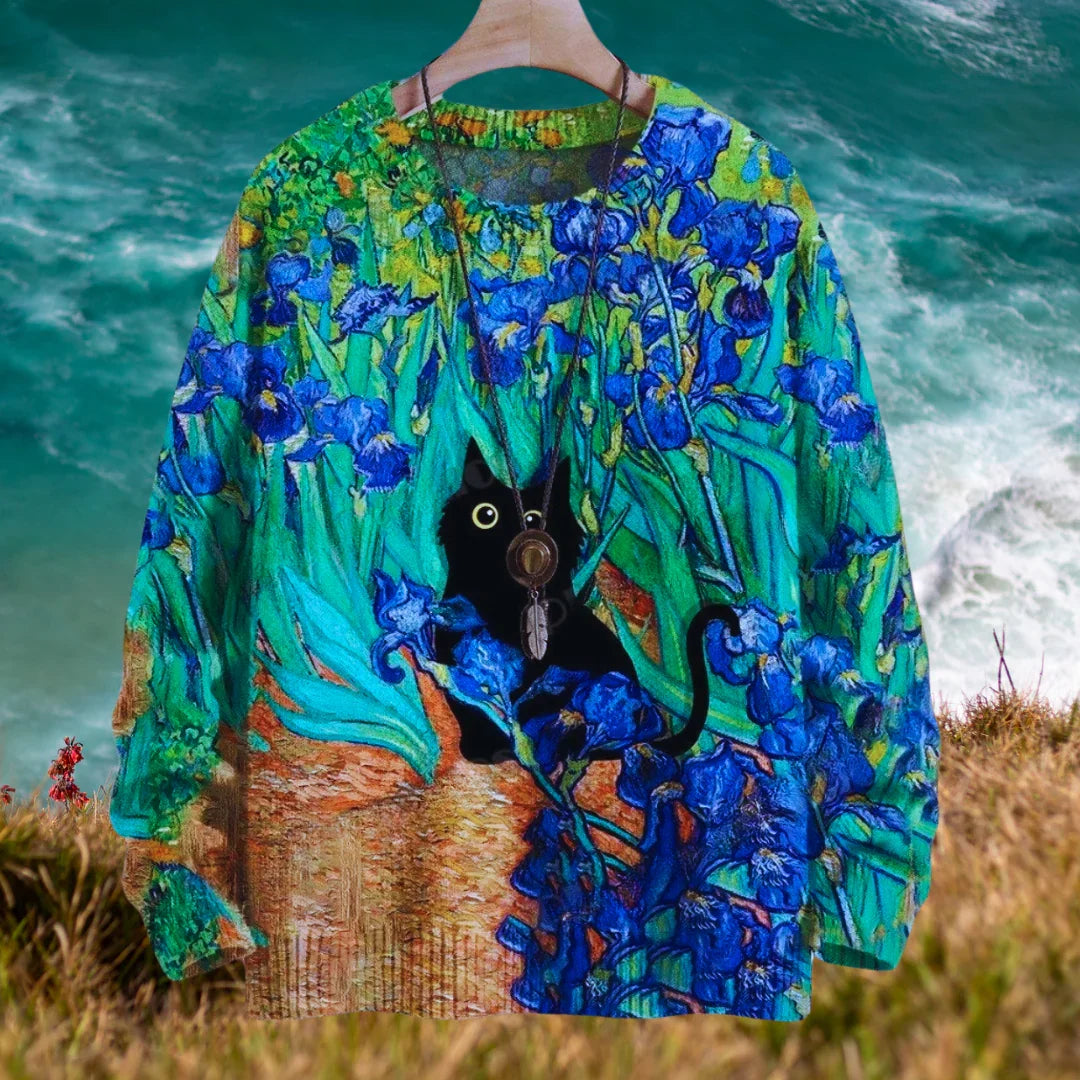 Unisex Casual Sweater with 3D Cat Oil Painting Designs