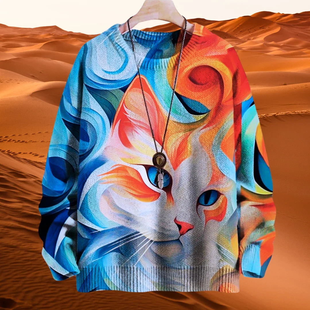 Unisex Casual Sweater with 3D Cat Oil Painting Designs