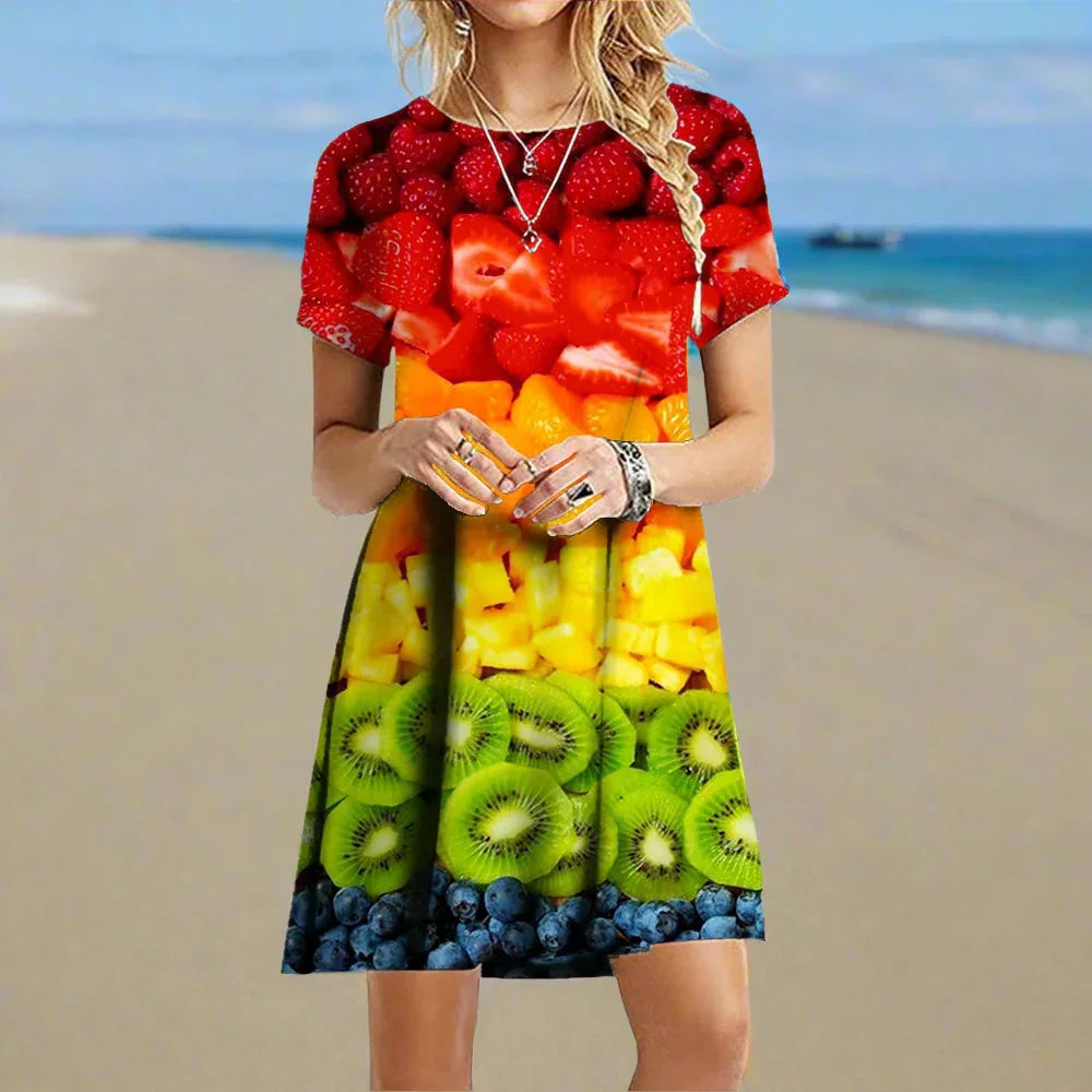 2.Women's 3D Fruit and Vegetable Print Short Sleeve Casual Mini Dresses (Plus Size Included)