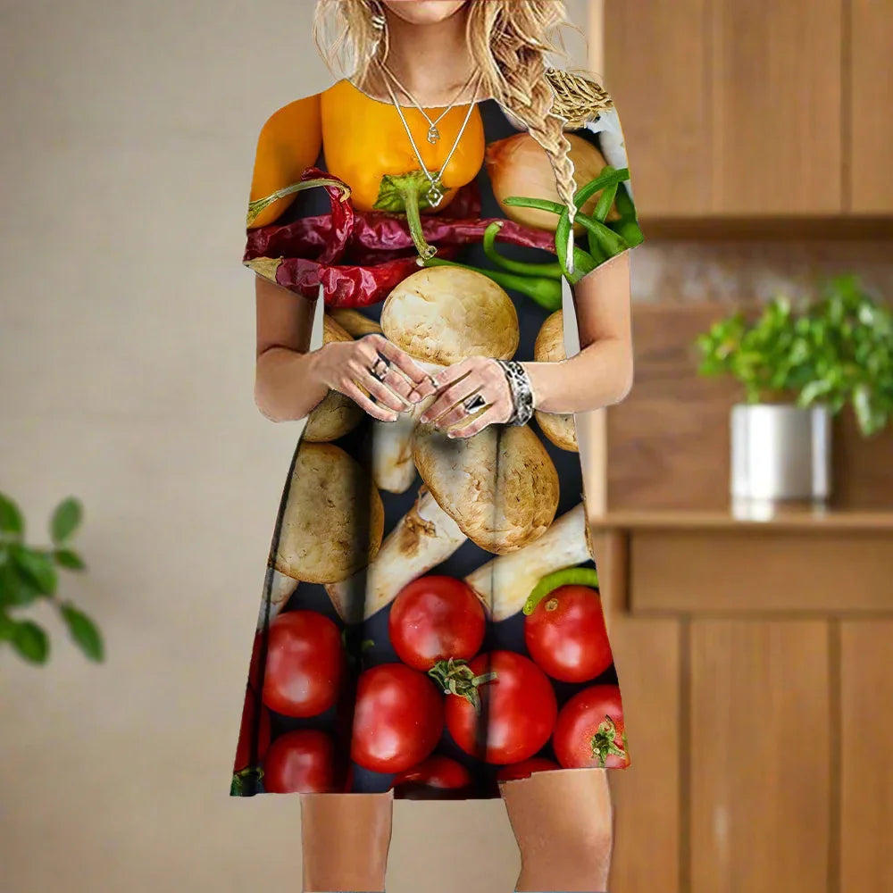 2.Women's 3D Fruit and Vegetable Print Short Sleeve Casual Mini Dresses (Plus Size Included)