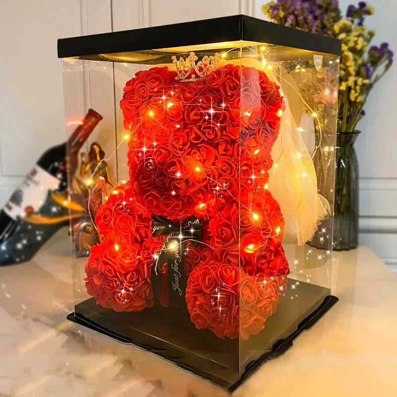 25 & 40cm Rose Teddy Bear With LED Lights In A Clear Box Selection