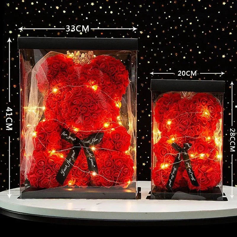 25 & 40cm Rose Teddy Bear With LED Lights In A Clear Box Selection