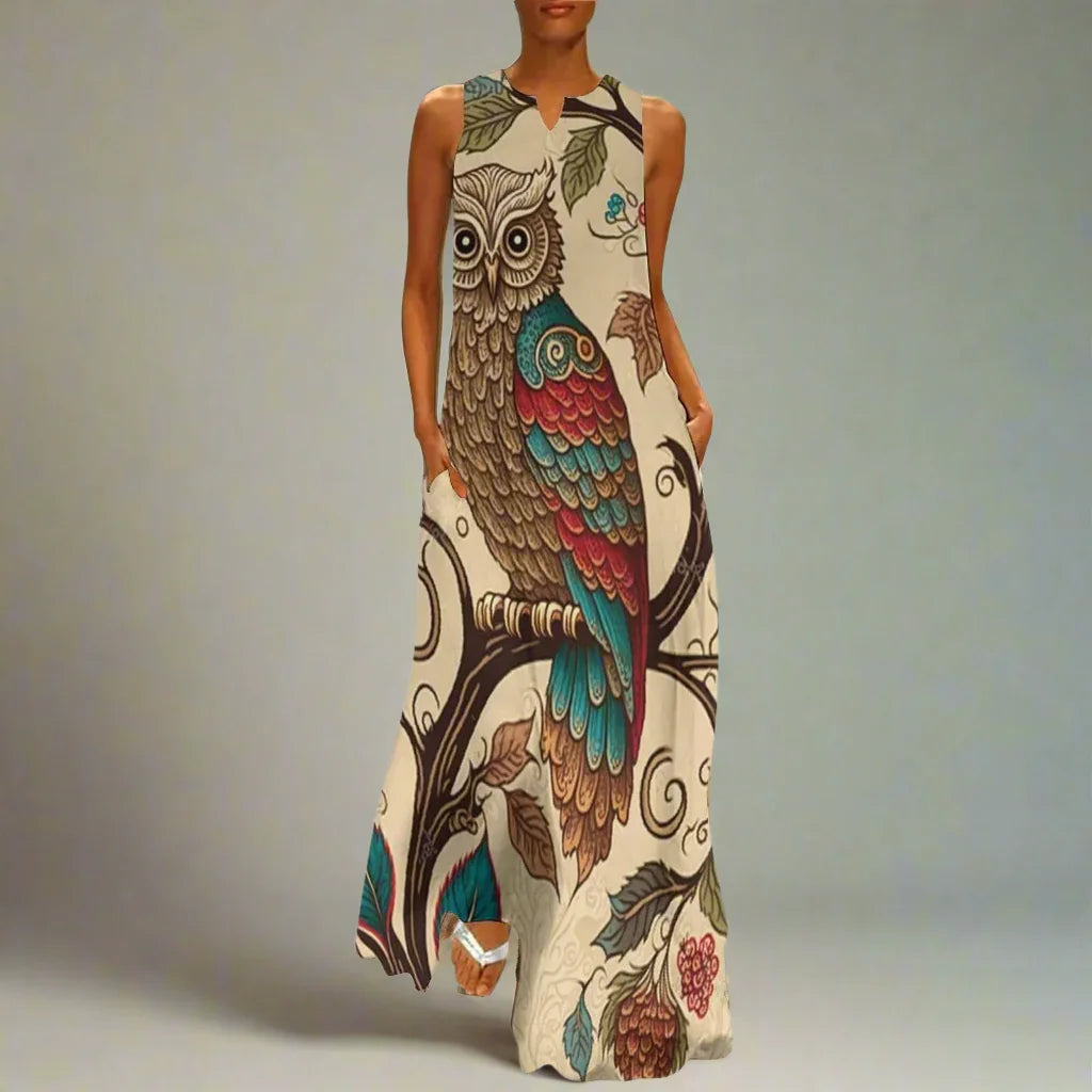 Women's Owl and Peacock Print Long Loose Maxi Dresses - Stylish Animal Fashion (Plus Size Included)