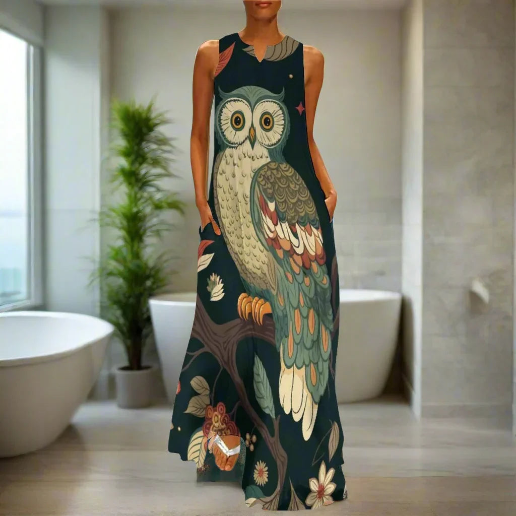 Women's Owl and Peacock Print Long Loose Maxi Dresses - Stylish Animal Fashion (Plus Size Included)