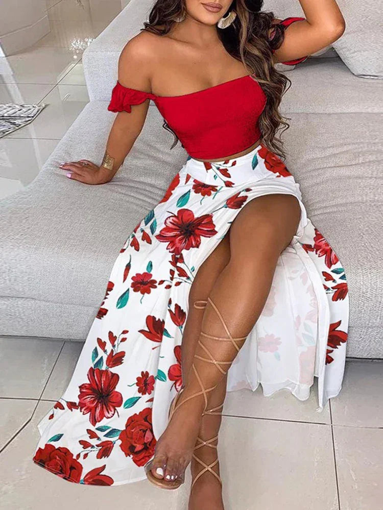 Women's Fashionable Printed Mid-Length Dresses with Coordinated Bra Set (Plus Size available)
