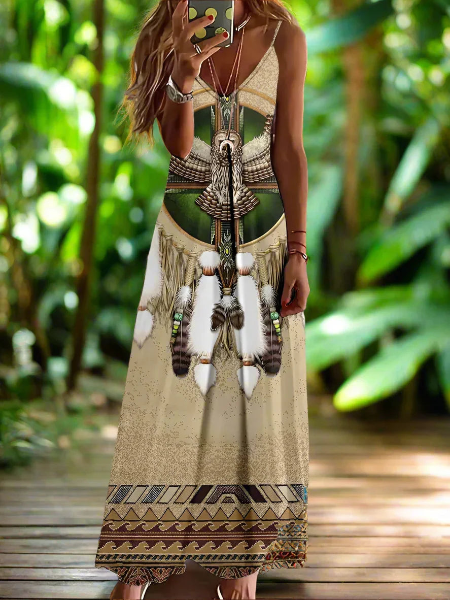 Indian Owl Totem Print Sleeveless V-Neck Long Dress Collection for Women