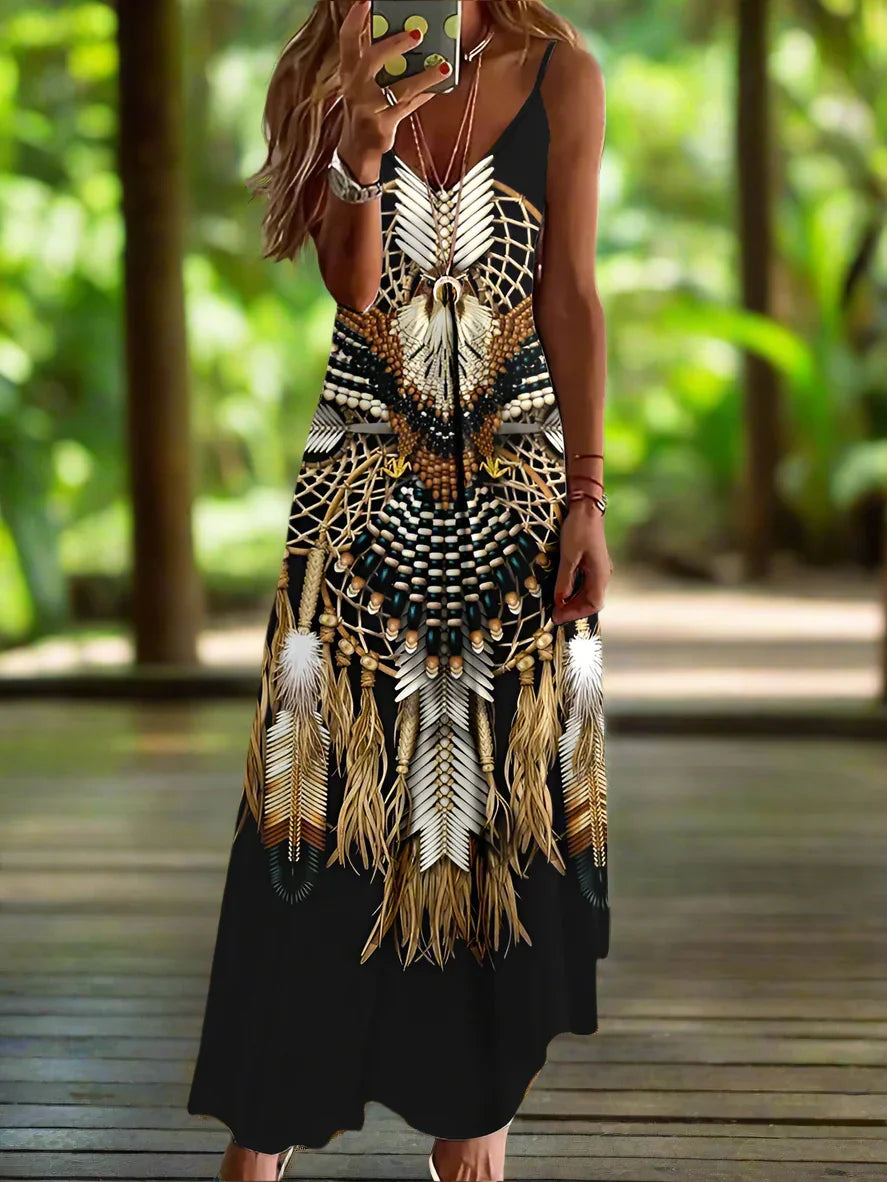 Indian Owl Totem Print Sleeveless V-Neck Long Dress Collection for Women