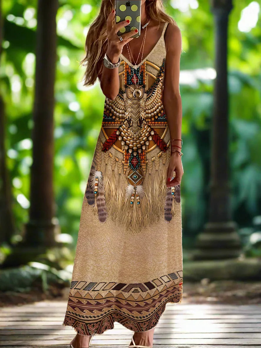 Indian Owl Totem Print Sleeveless V-Neck Long Dress Collection for Women
