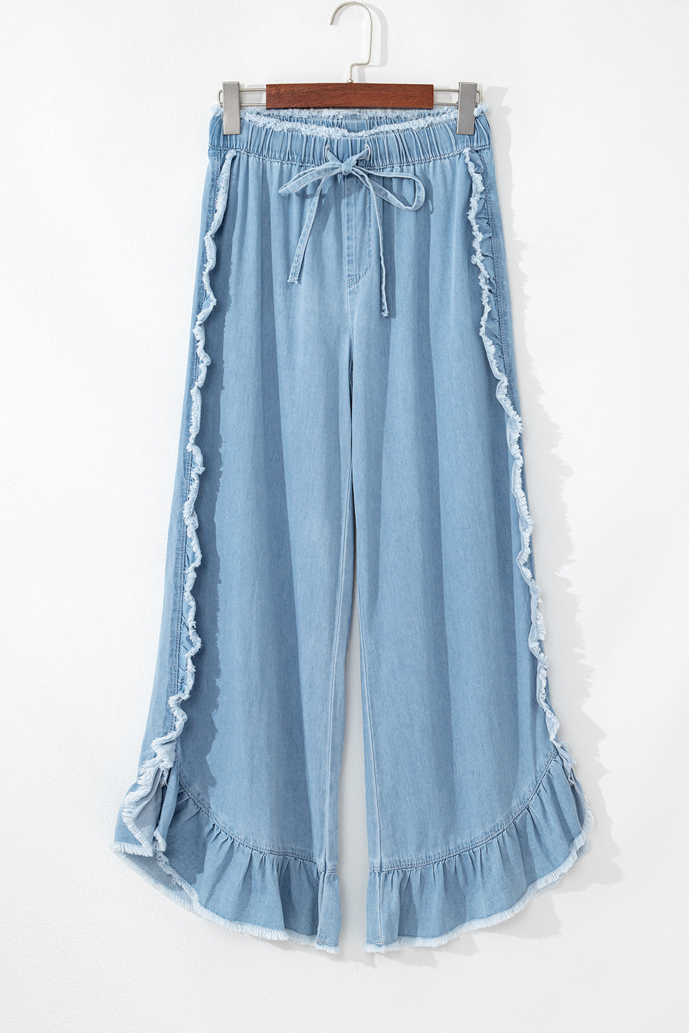 Ruffled Raw Hem Wide Leg Jeans in Myosotis Light Wash