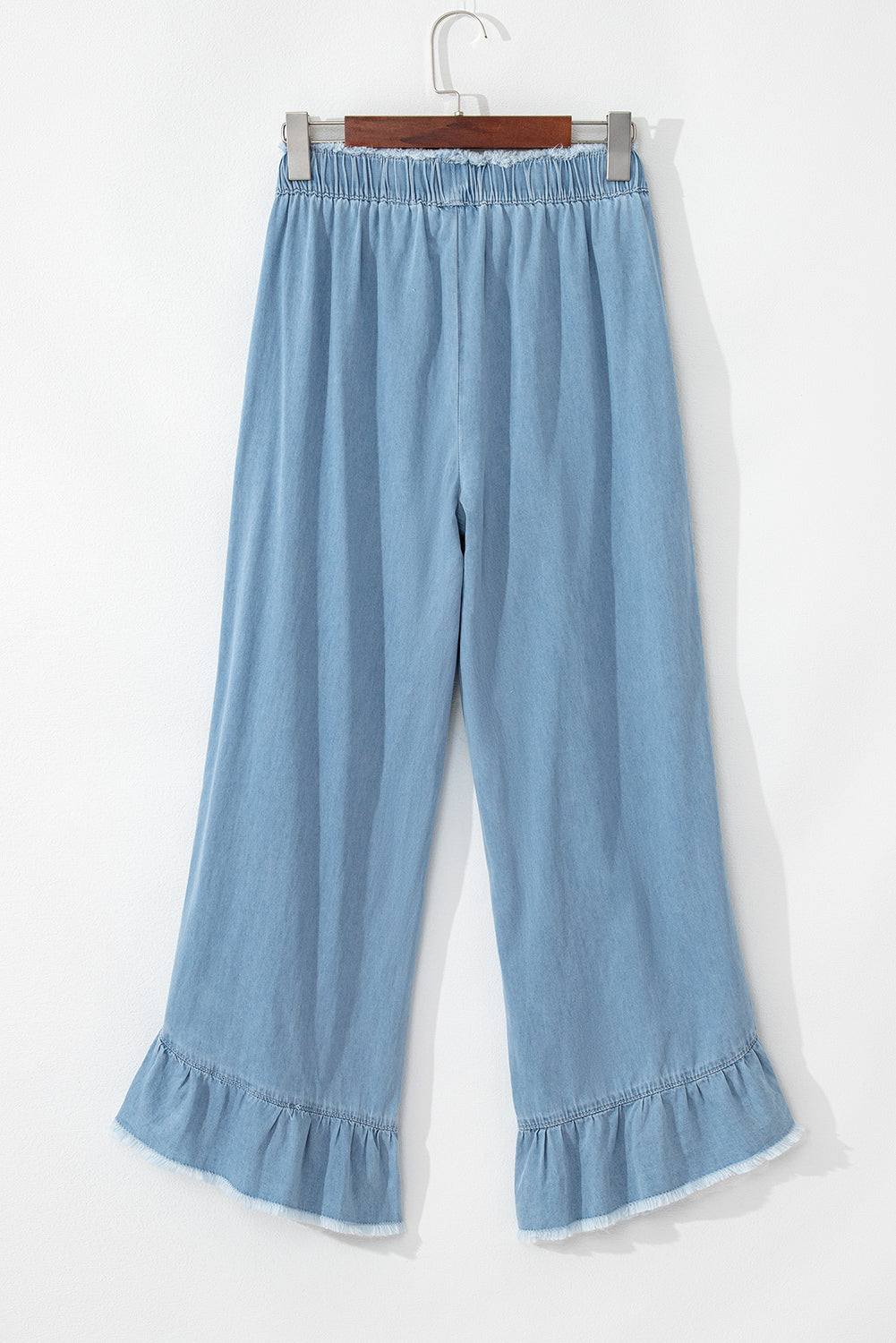 Ruffled Raw Hem Wide Leg Jeans in Myosotis Light Wash