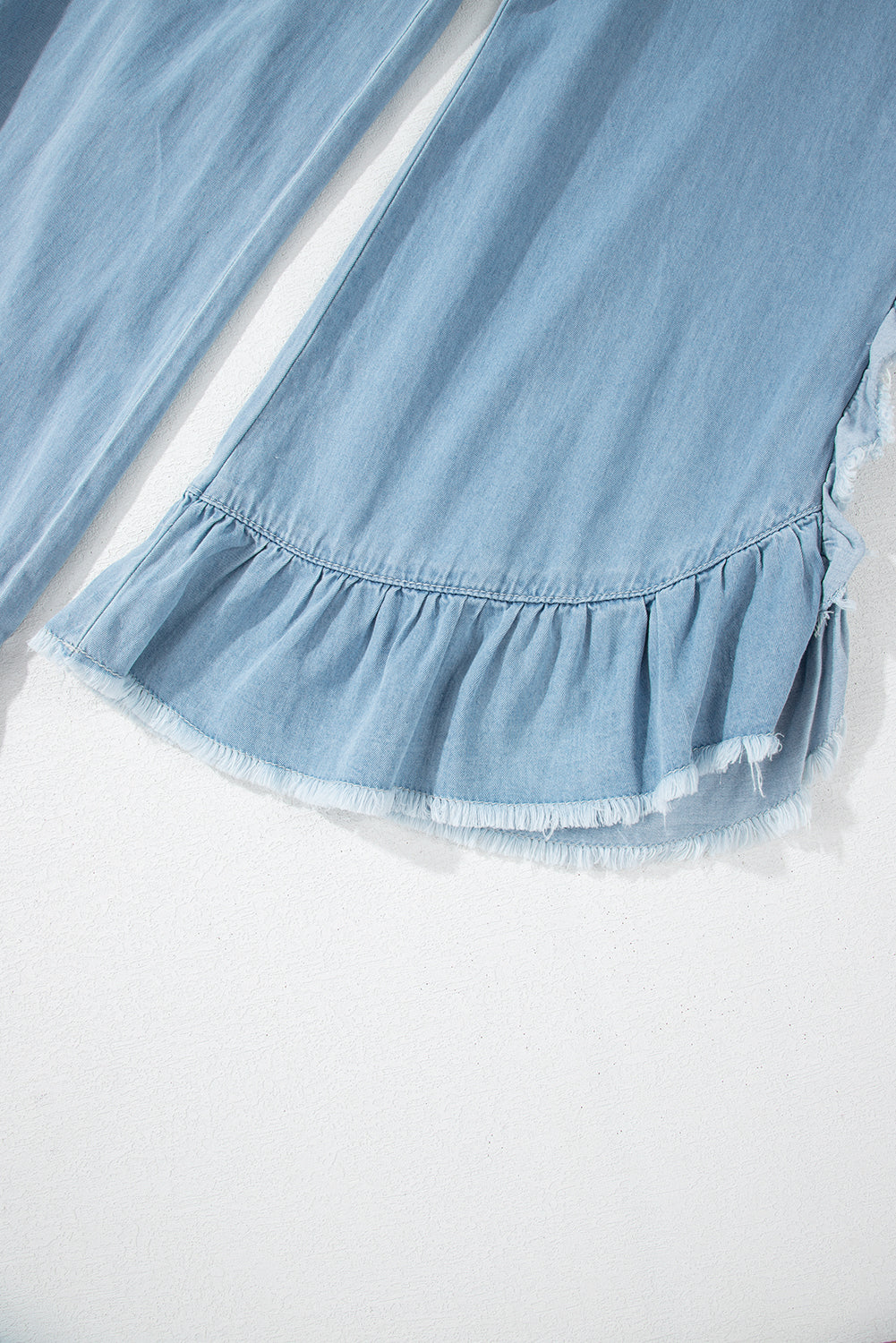 Ruffled Raw Hem Wide Leg Jeans in Myosotis Light Wash