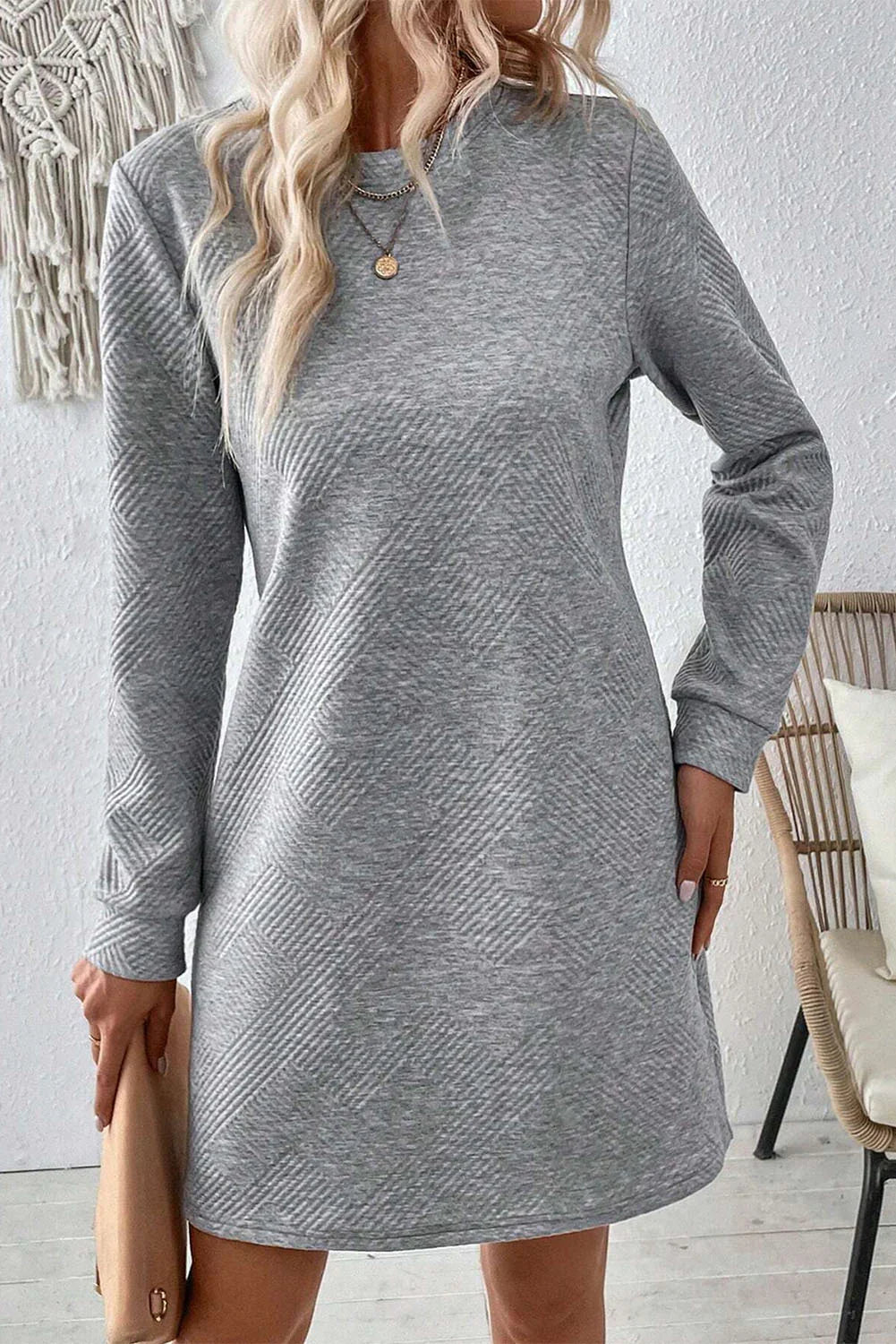 Gray Solid Colour Textured Long Sleeve Shift Dress