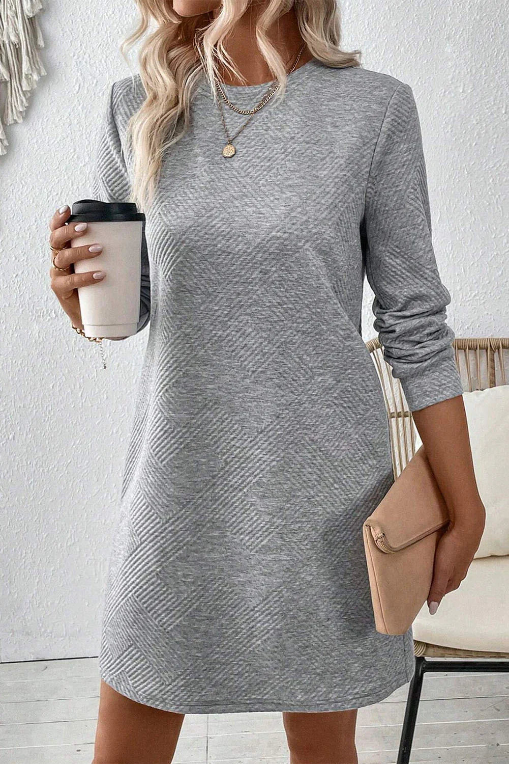 Gray Solid Colour Textured Long Sleeve Shift Dress
