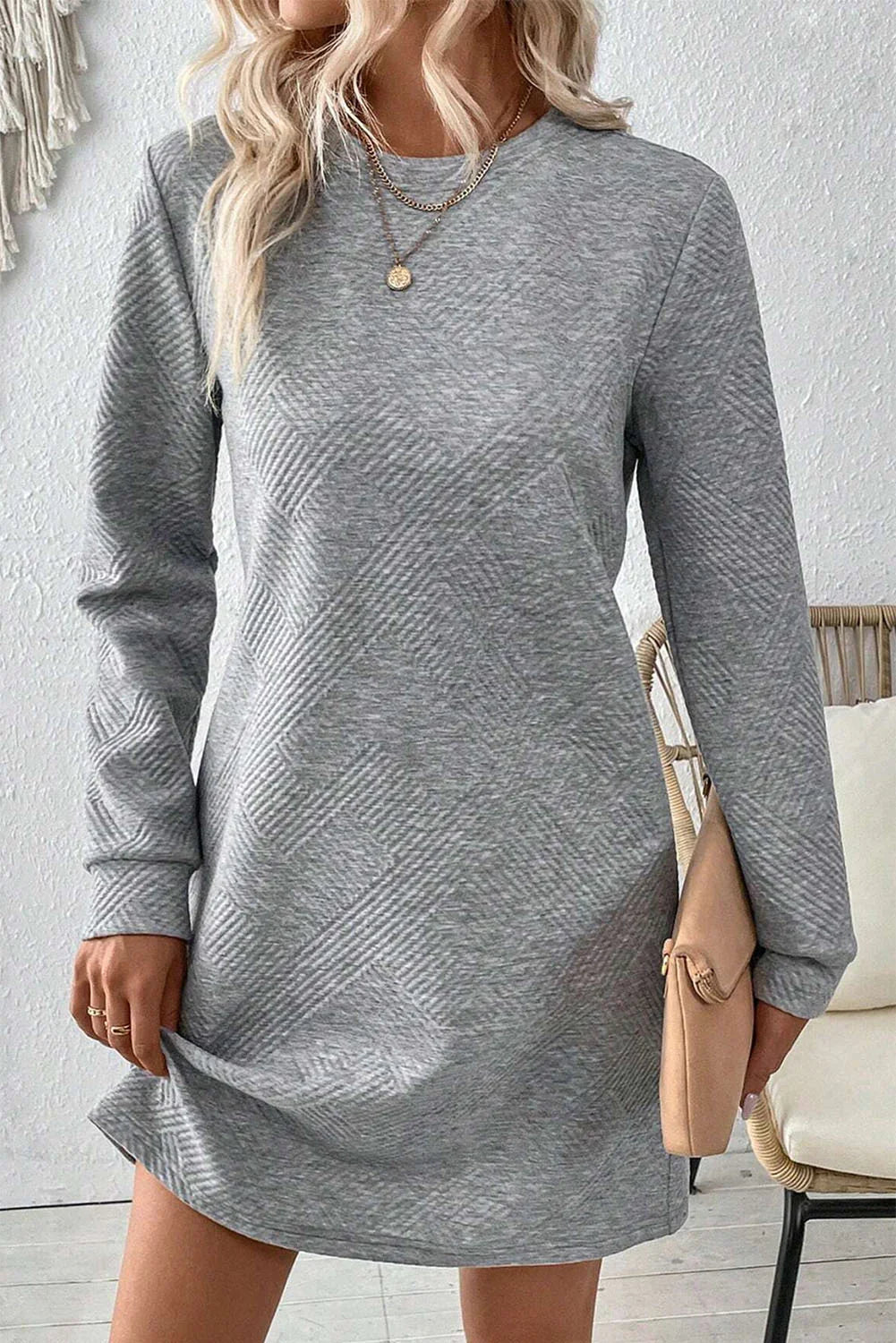 Gray Solid Colour Textured Long Sleeve Shift Dress
