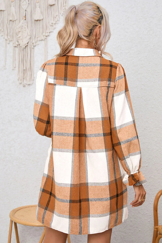 Khaki Plaid Collared Shirt Dress with Ruffled Sleeves
