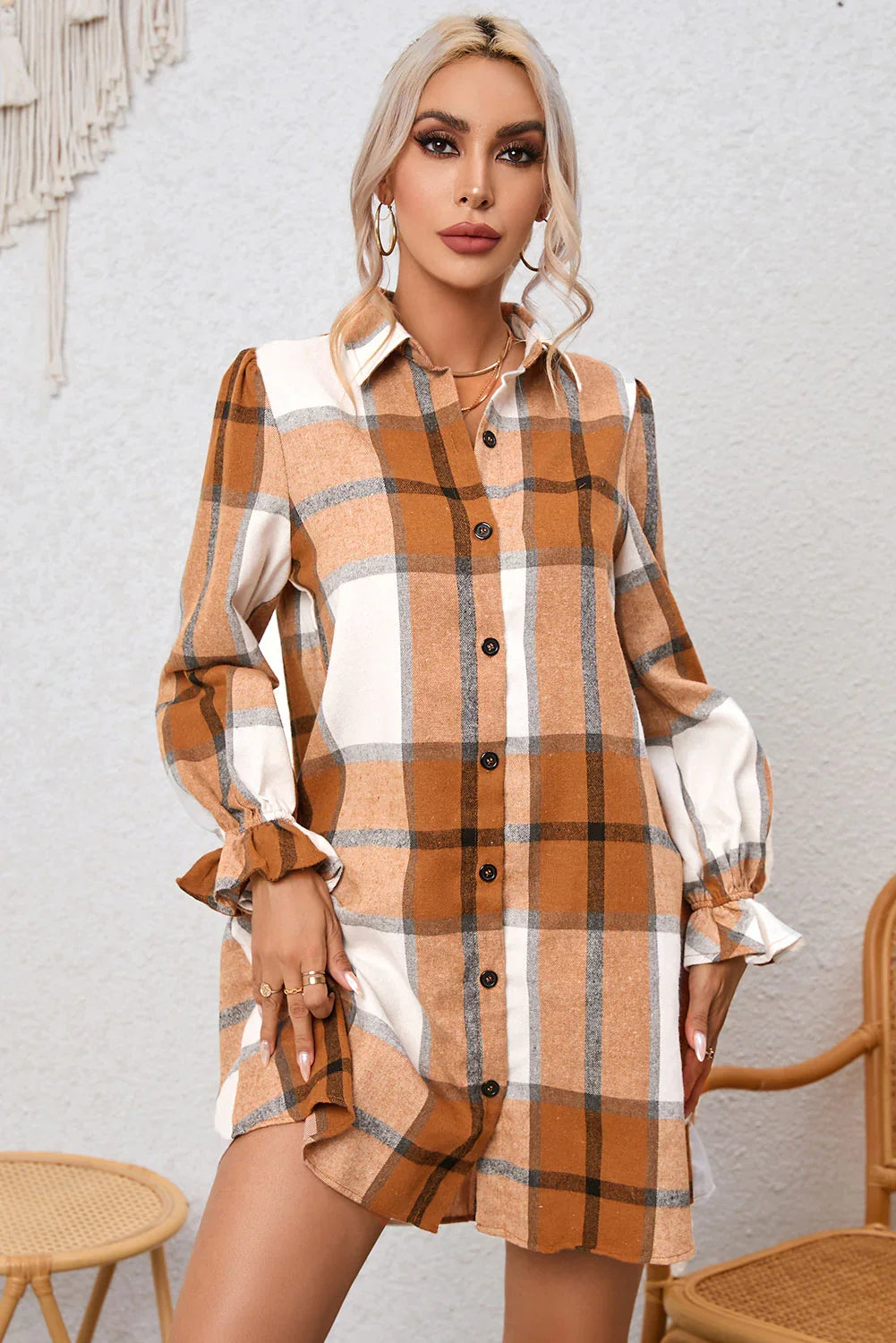 Khaki Plaid Collared Shirt Dress with Ruffled Sleeves