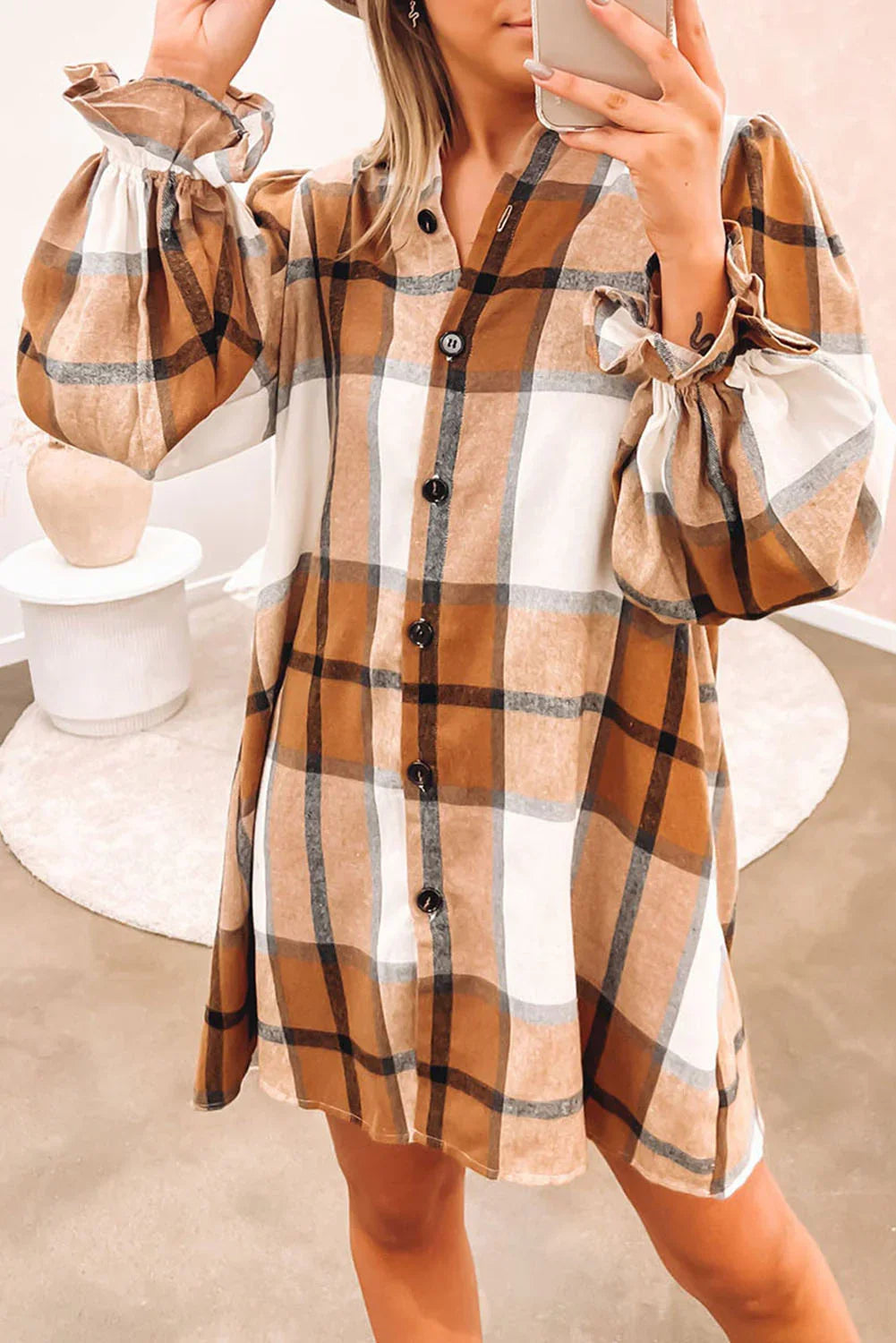 Khaki Plaid Collared Shirt Dress with Ruffled Sleeves