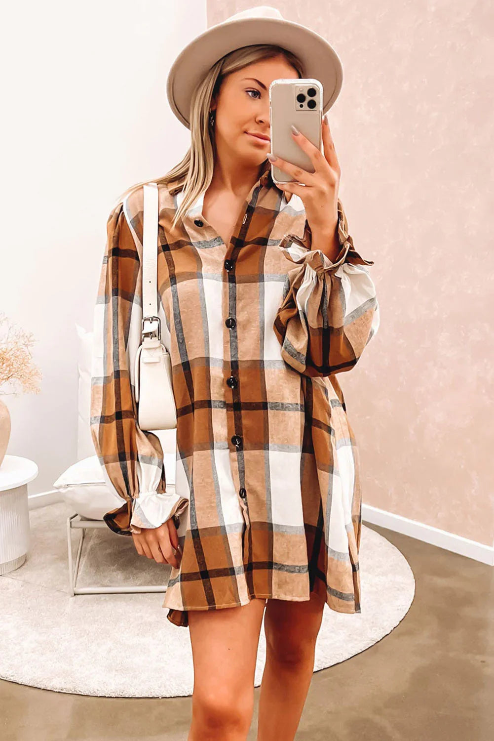 Khaki Plaid Collared Shirt Dress with Ruffled Sleeves