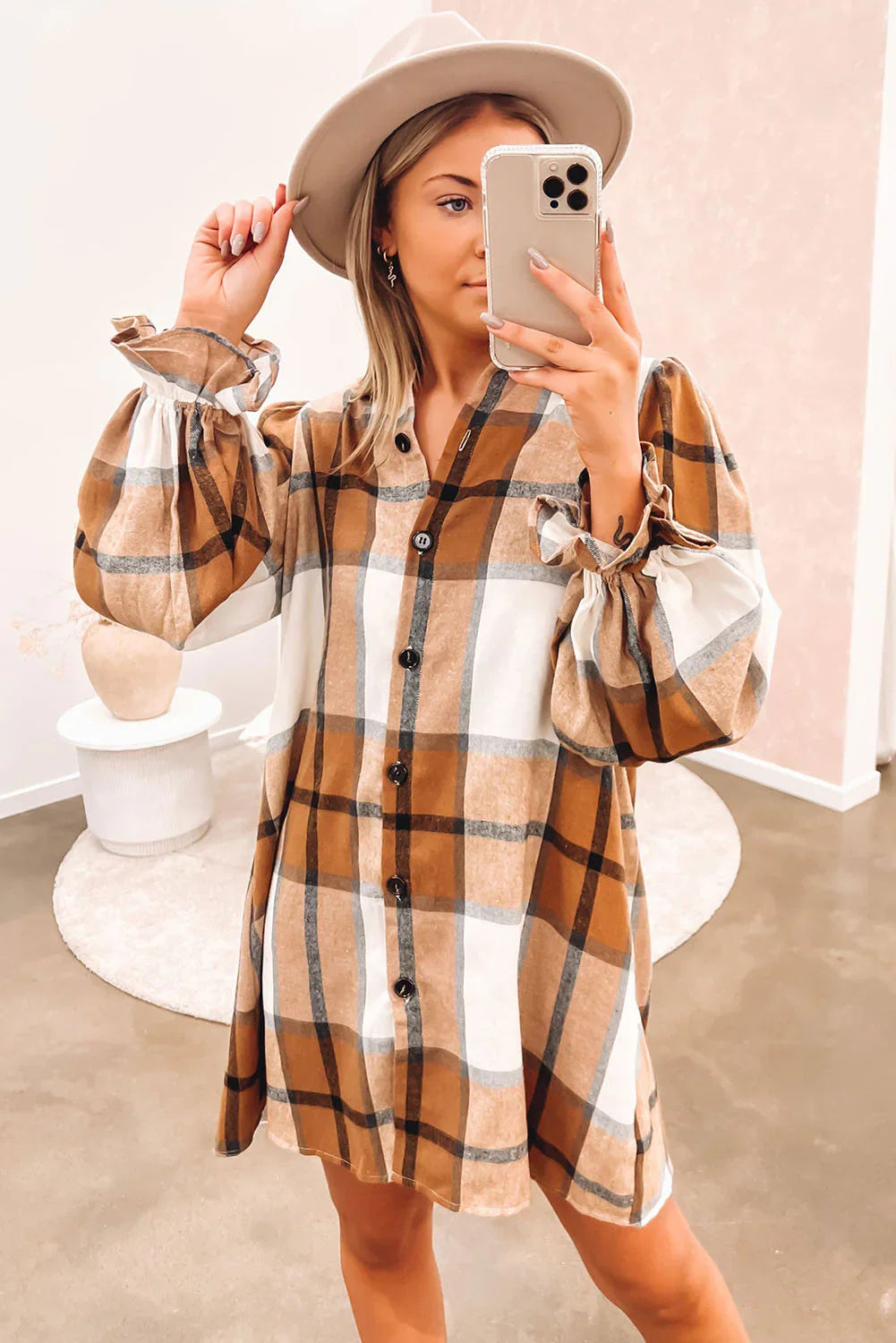 Khaki Plaid Collared Shirt Dress with Ruffled Sleeves