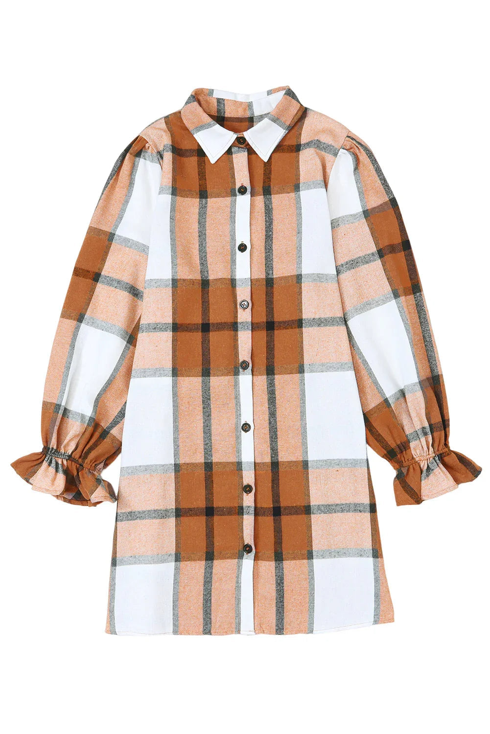 Khaki Plaid Collared Shirt Dress with Ruffled Sleeves