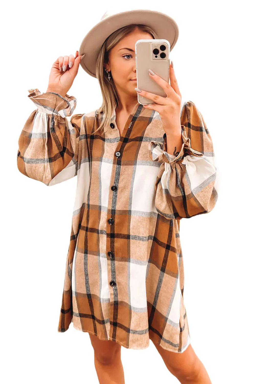 Khaki Plaid Collared Shirt Dress with Ruffled Sleeves