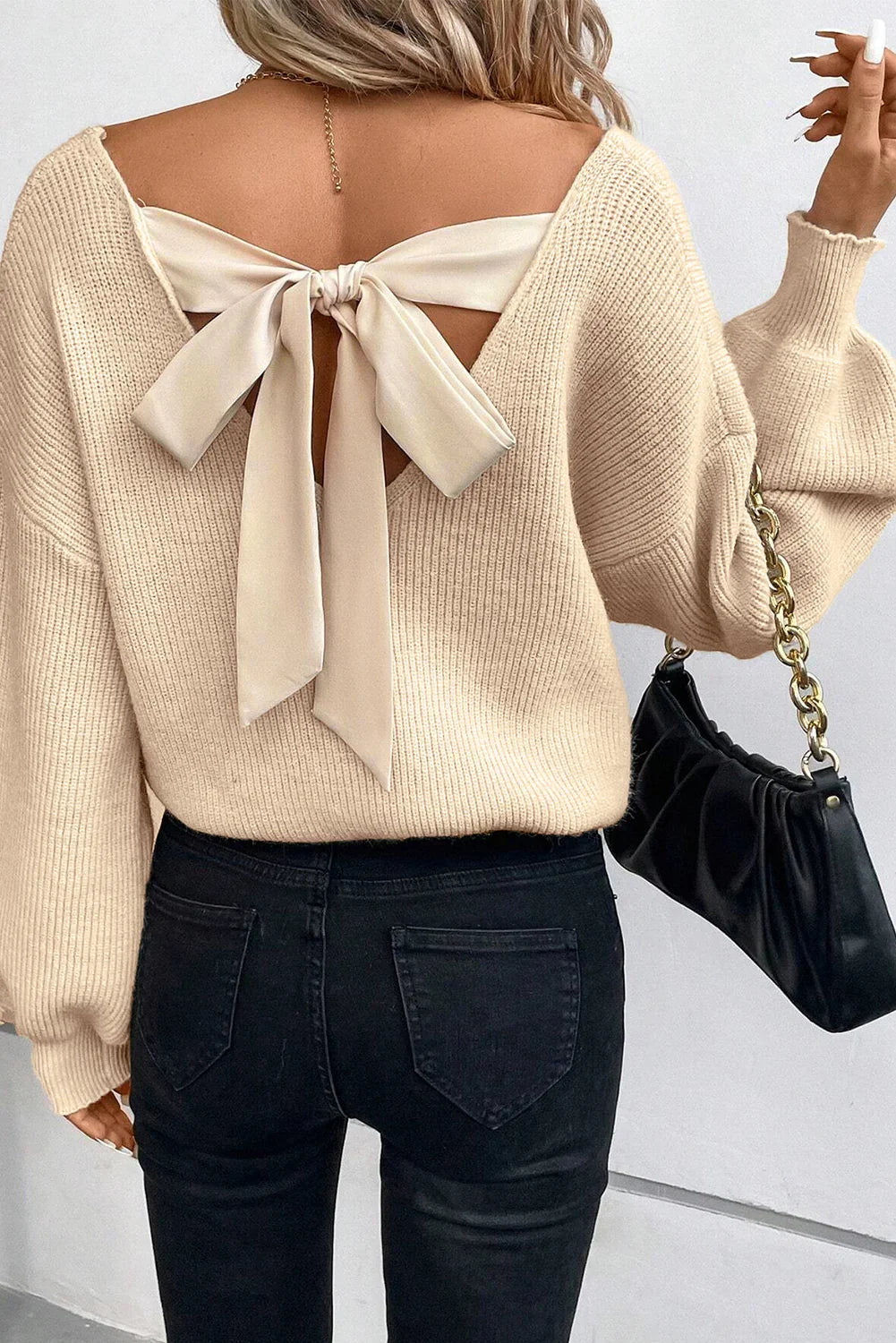 Apricot V-Neck Sweater with Ribbon Back