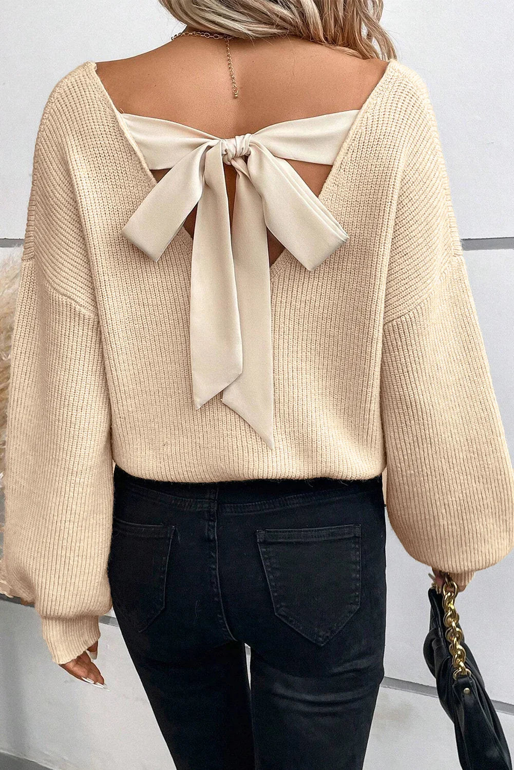 Apricot V-Neck Sweater with Ribbon Back