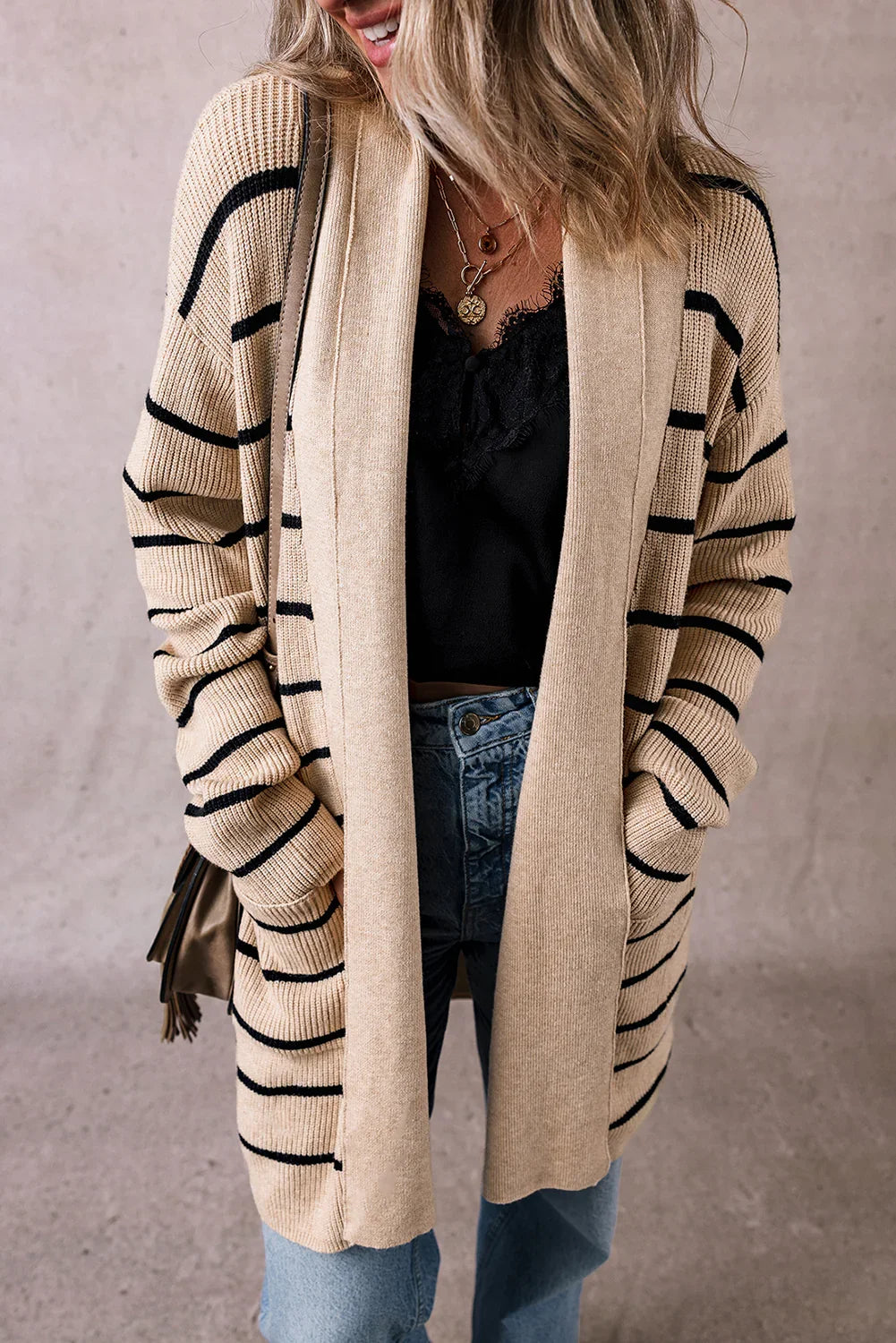 Black Striped Shawl Collar Open Cardigan with Pockets