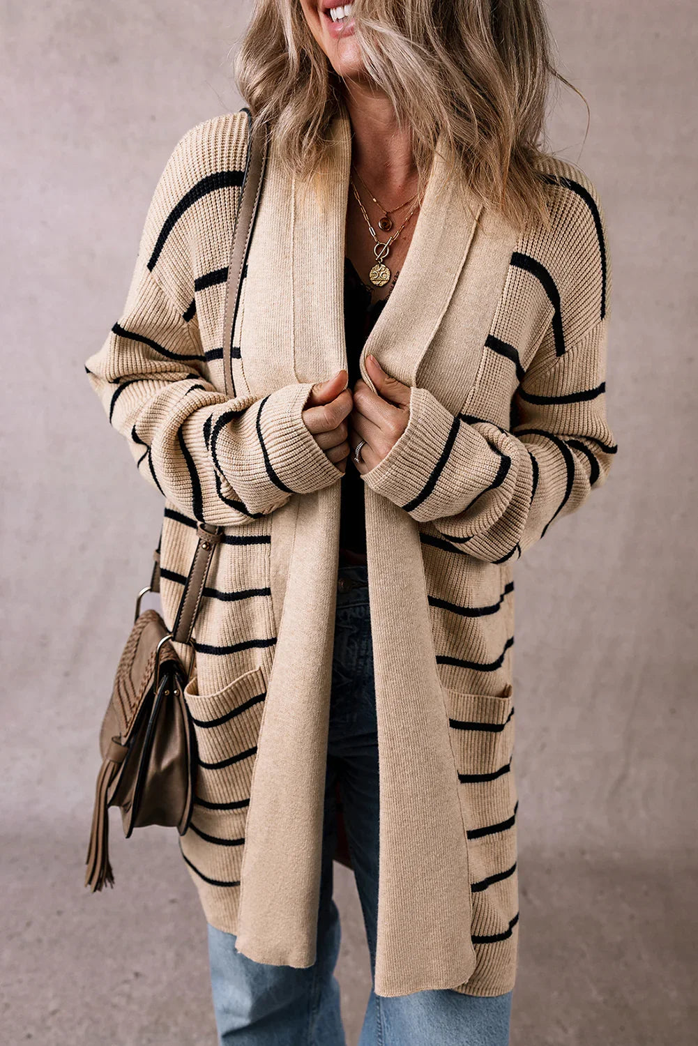 Black Striped Shawl Collar Open Cardigan with Pockets