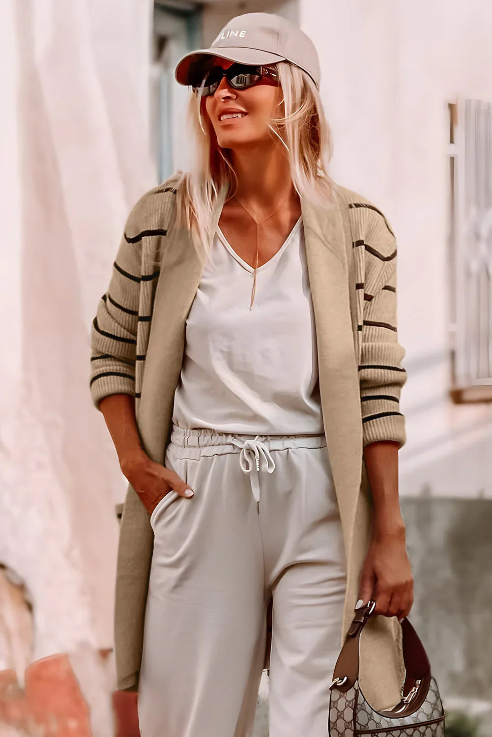Black Striped Shawl Collar Open Cardigan with Pockets