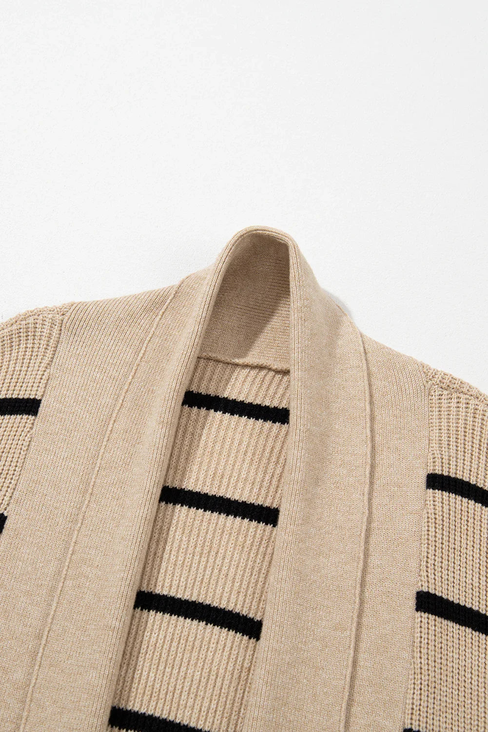 Black Striped Shawl Collar Open Cardigan with Pockets