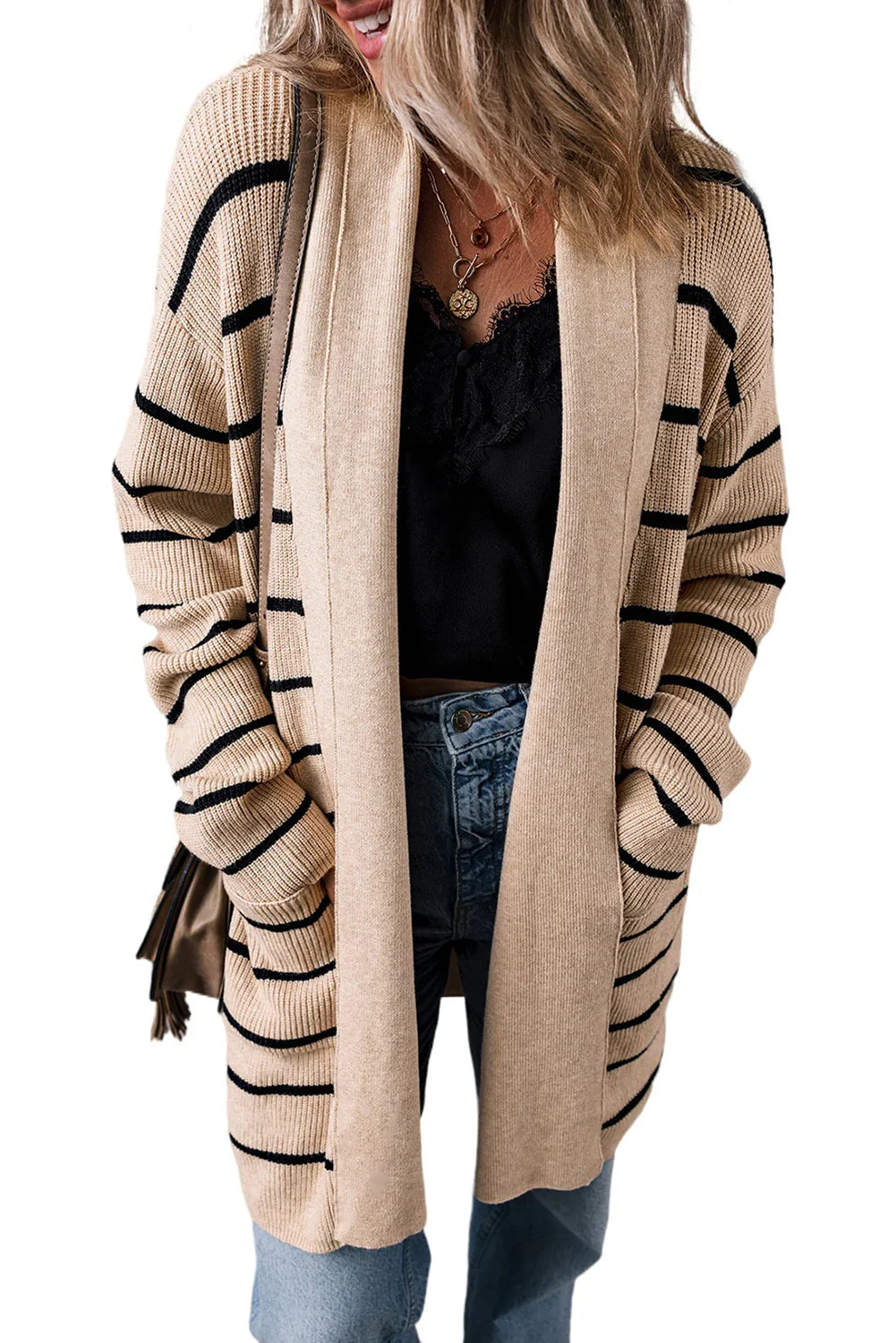 Black Striped Shawl Collar Open Cardigan with Pockets