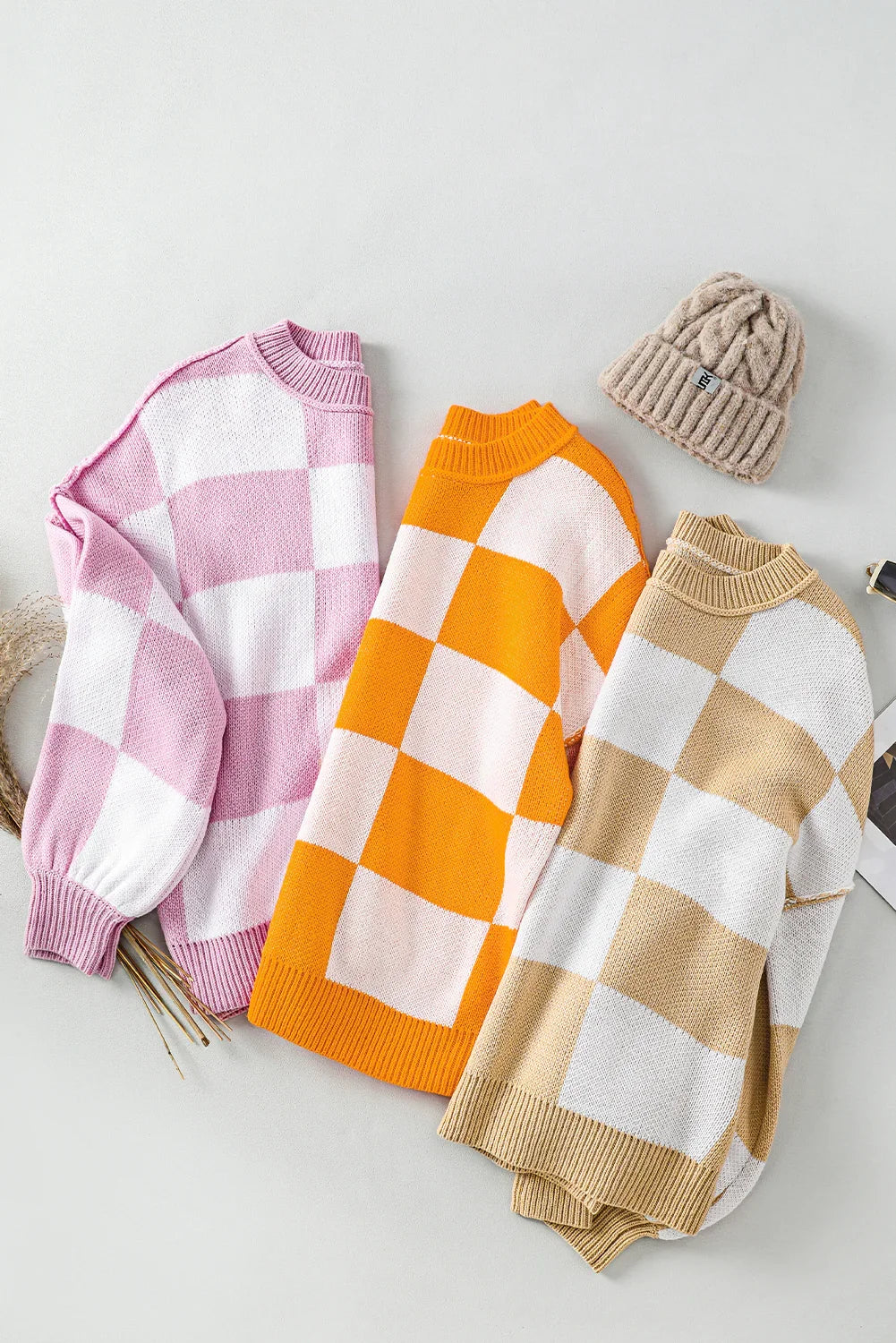 Orange Checkered Sweater with Bishop Sleeves