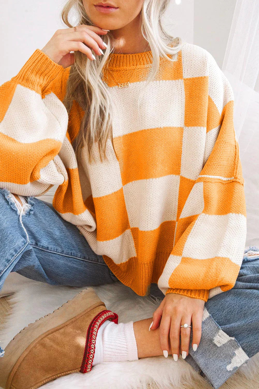 Orange Checkered Sweater with Bishop Sleeves