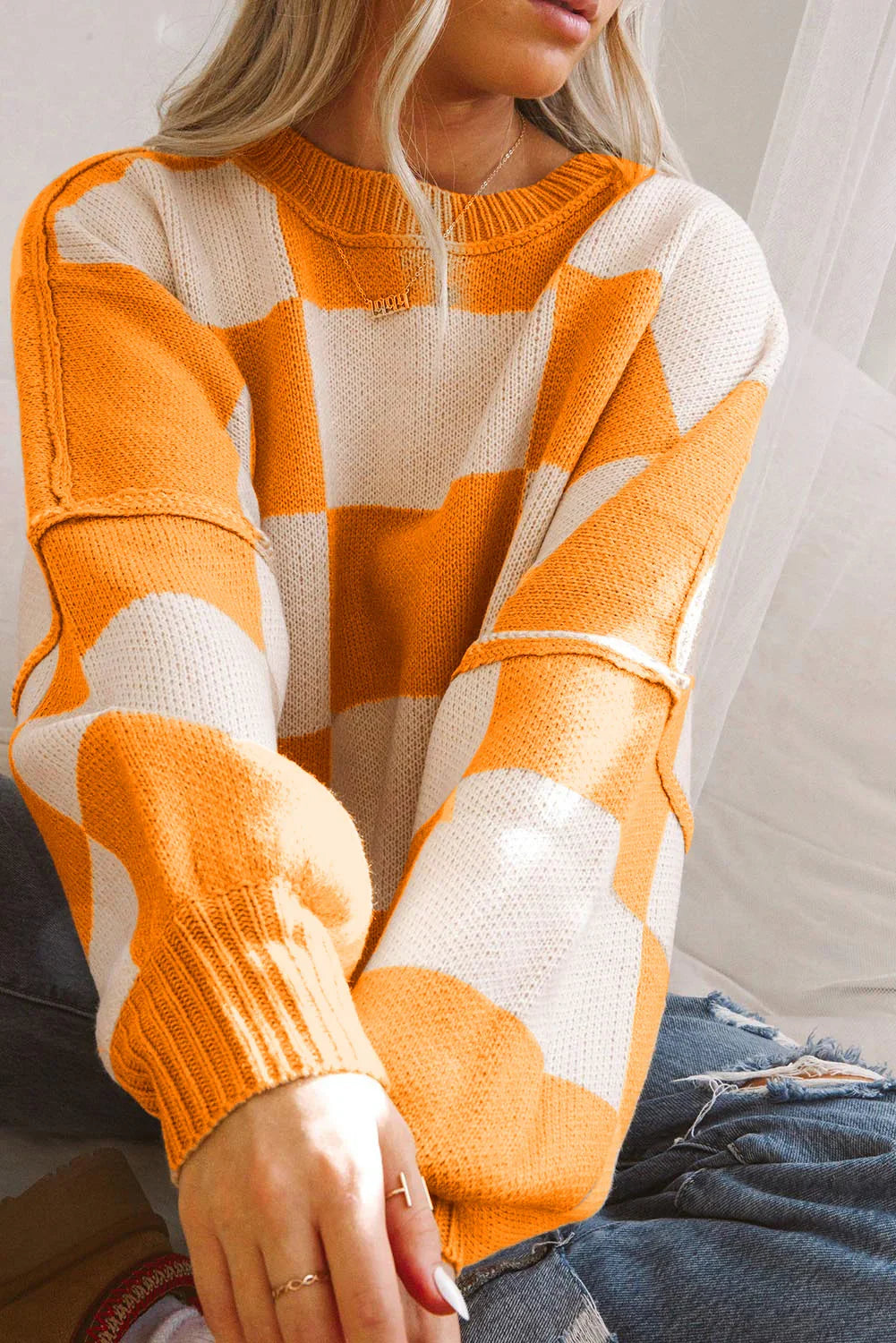 Orange Checkered Sweater with Bishop Sleeves