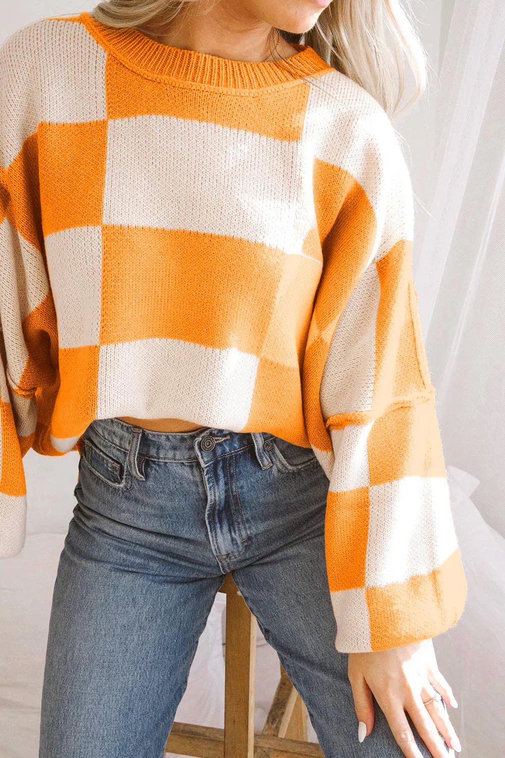 Orange Checkered Sweater with Bishop Sleeves