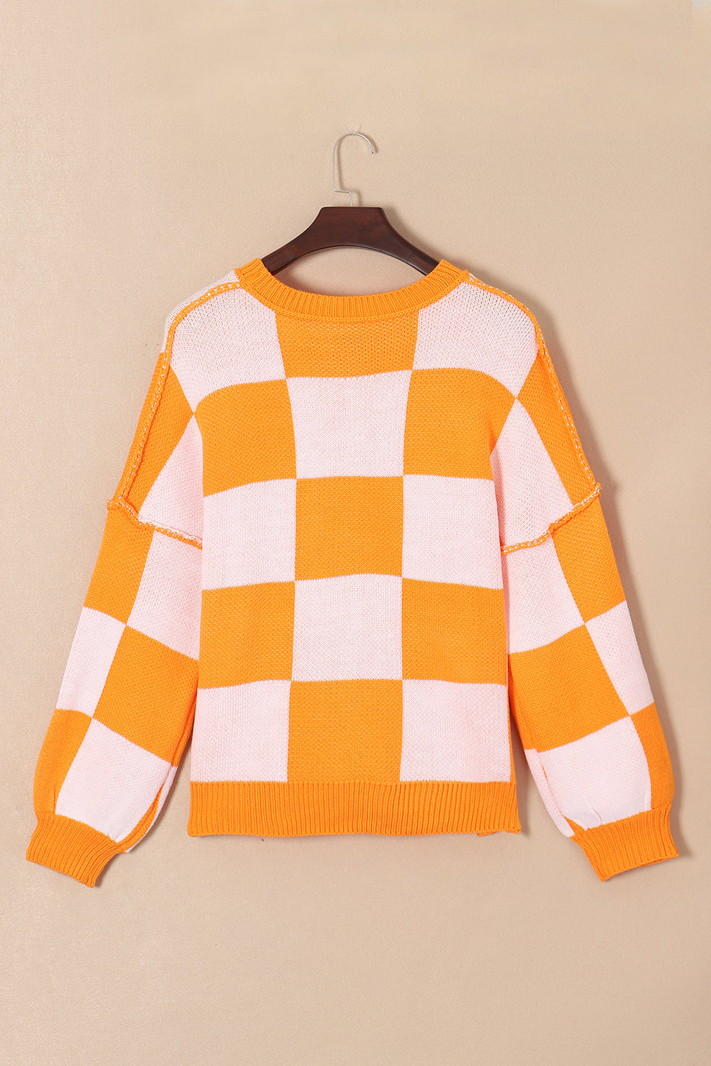 Orange Checkered Sweater with Bishop Sleeves