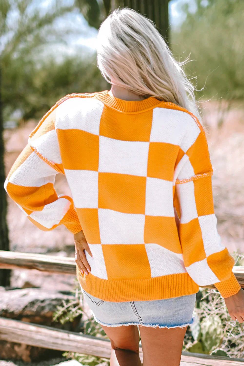 Orange Checkered Sweater with Bishop Sleeves