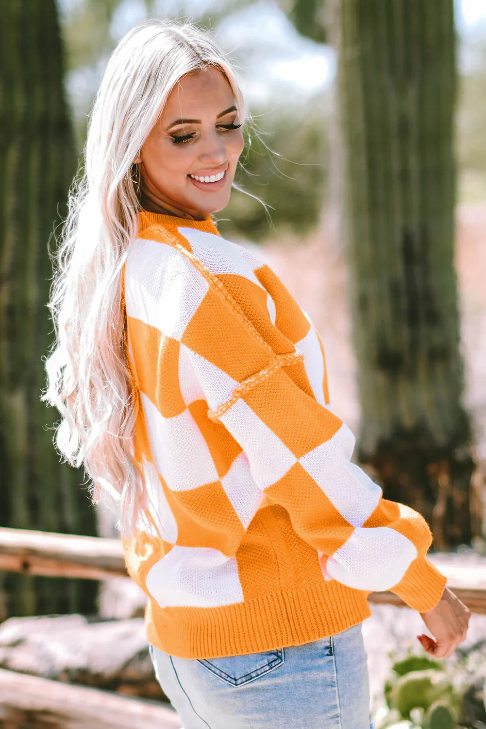Orange Checkered Sweater with Bishop Sleeves