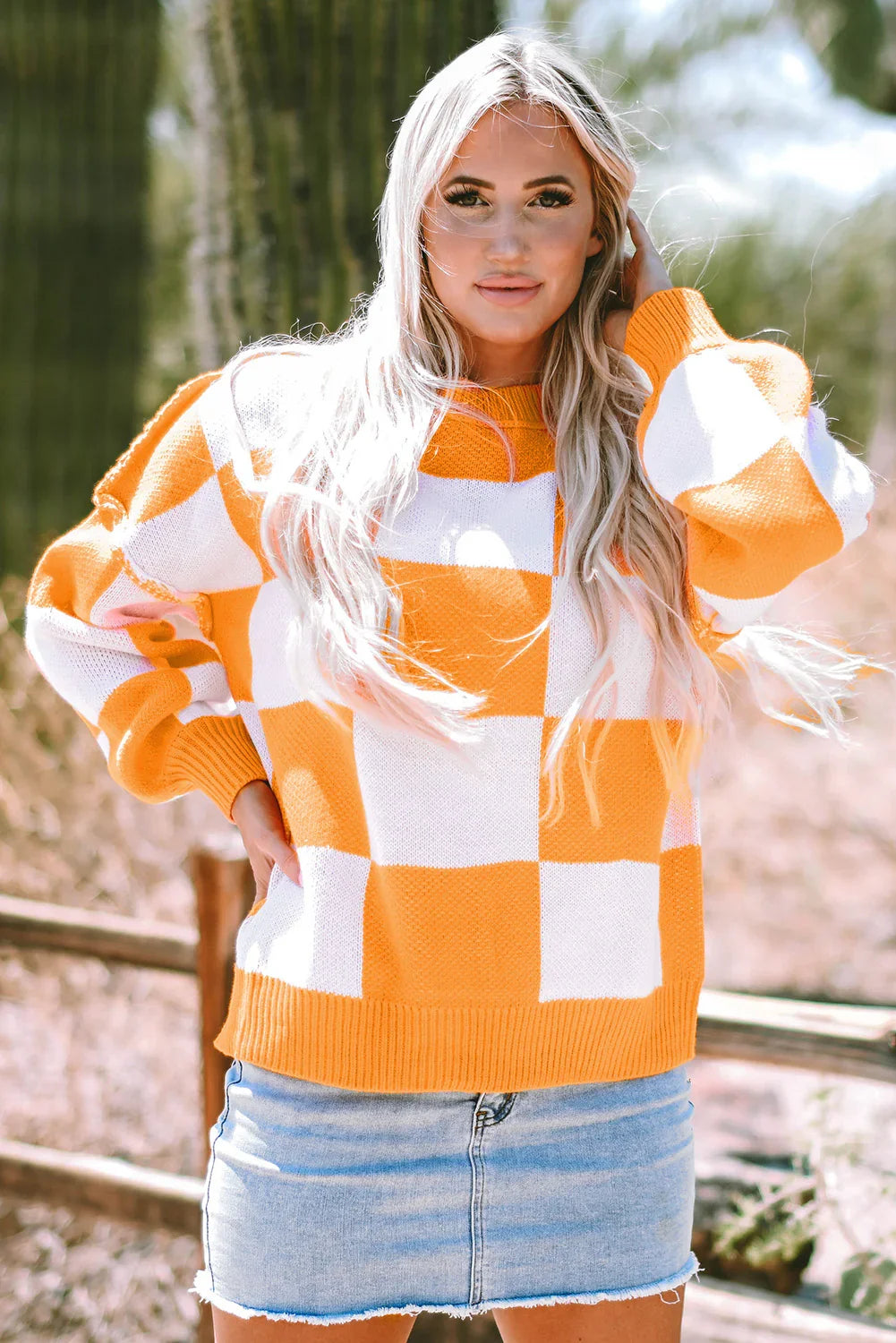 Orange Checkered Sweater with Bishop Sleeves