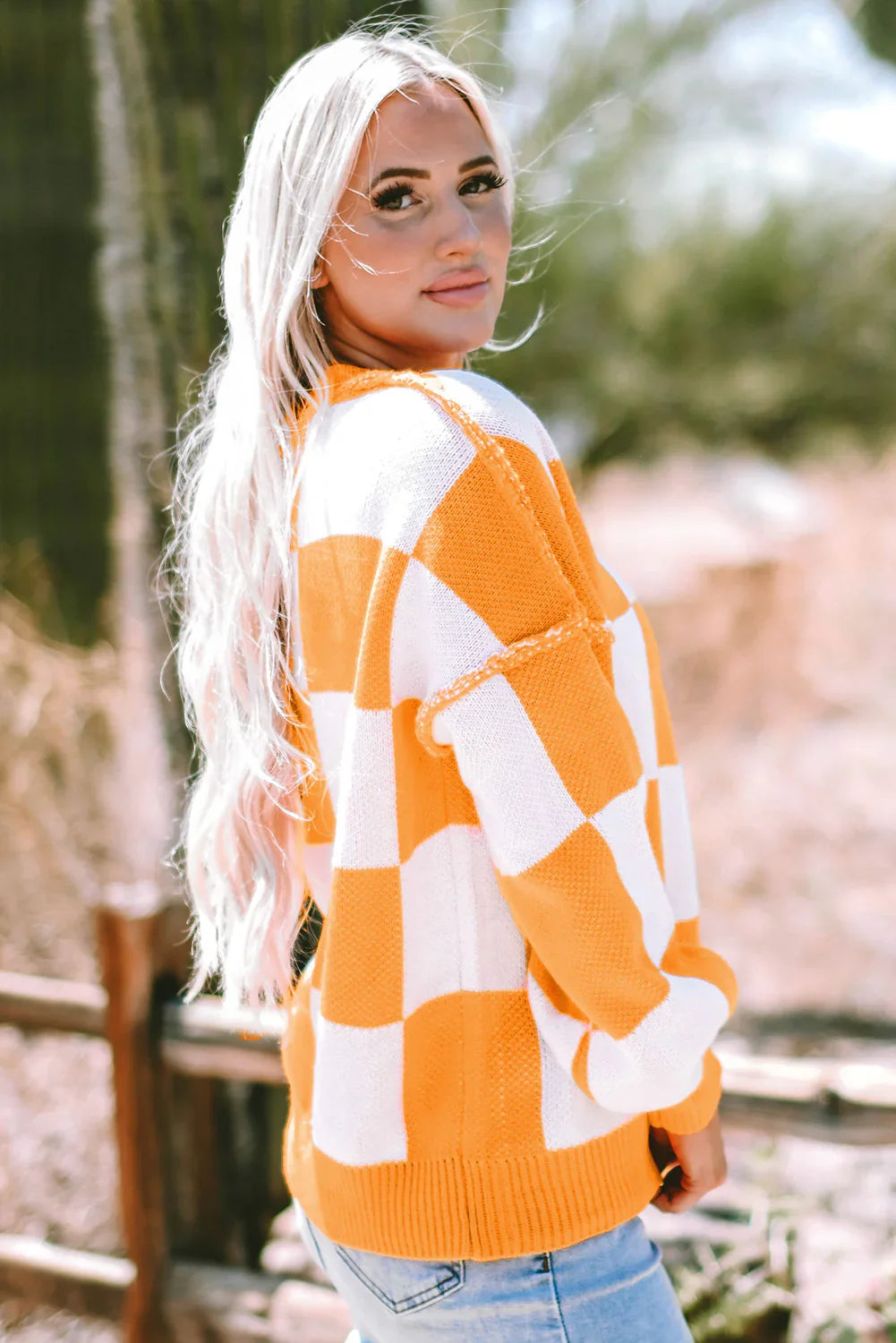 Orange Checkered Sweater with Bishop Sleeves