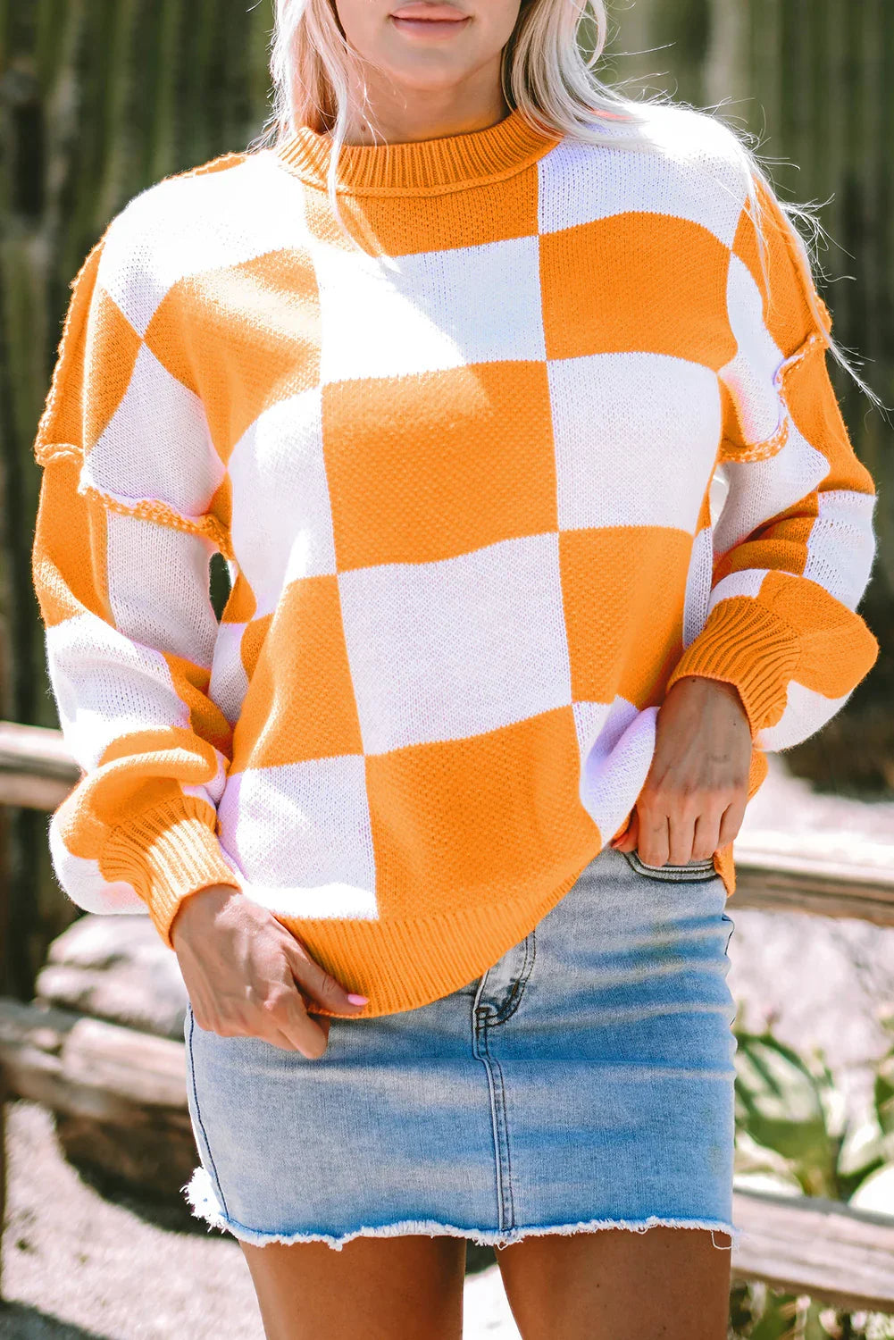 Orange Checkered Sweater with Bishop Sleeves