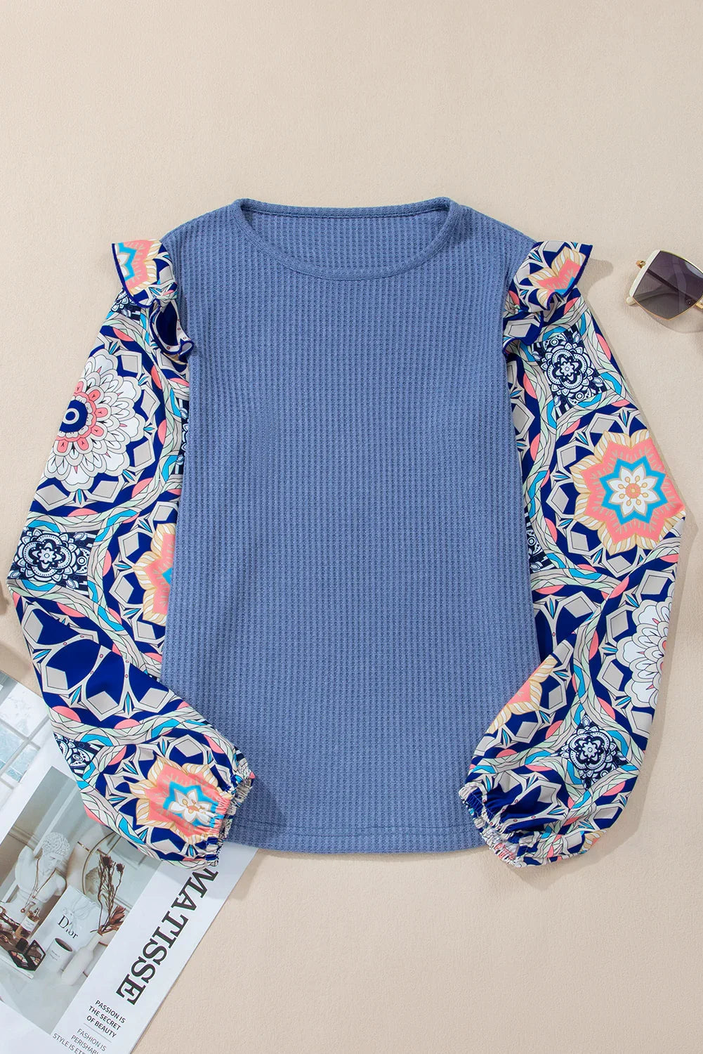 Blue O-Neck Waffle Knit Blouse with Floral Sleeves and Ruffles