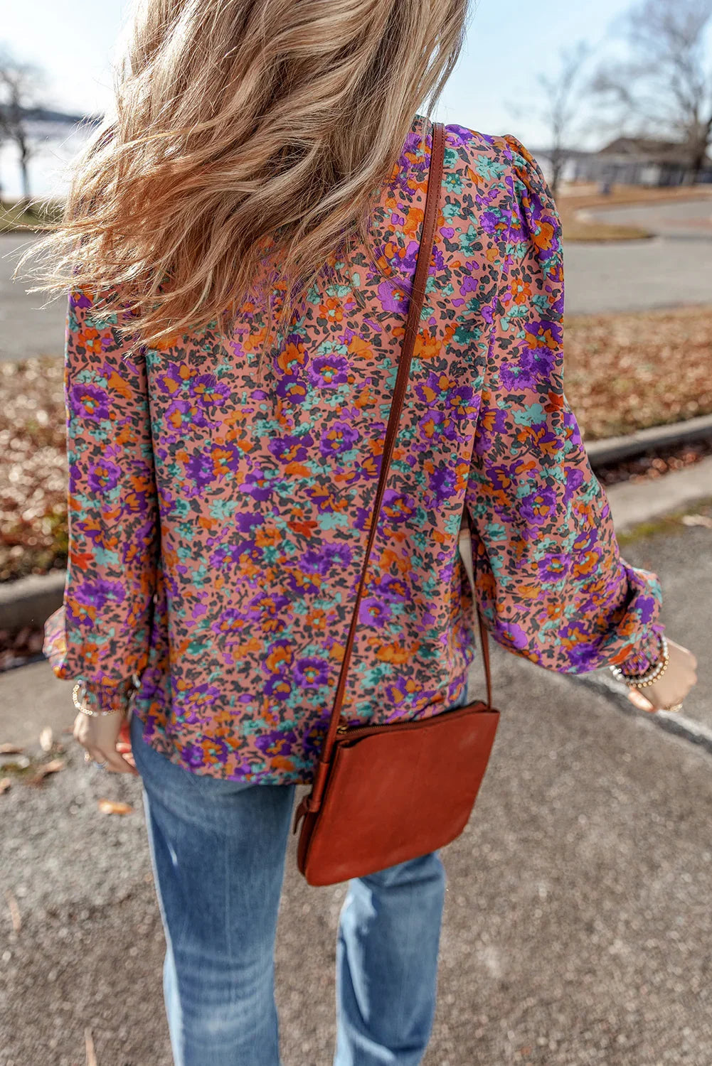 Purple Floral Print Frilled O-Neck Blouse with Shirred Cuffs