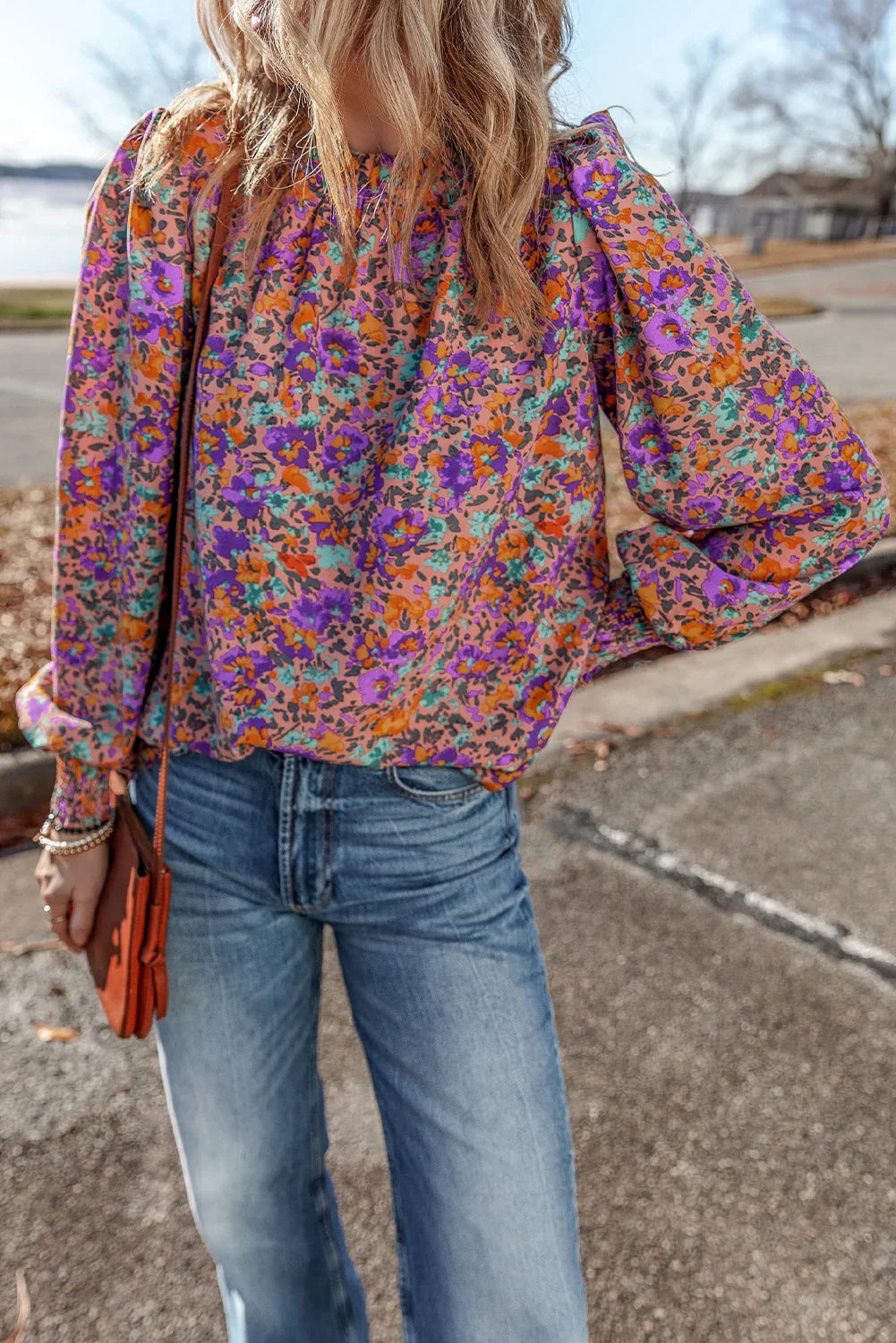 Purple Floral Print Frilled O-Neck Blouse with Shirred Cuffs