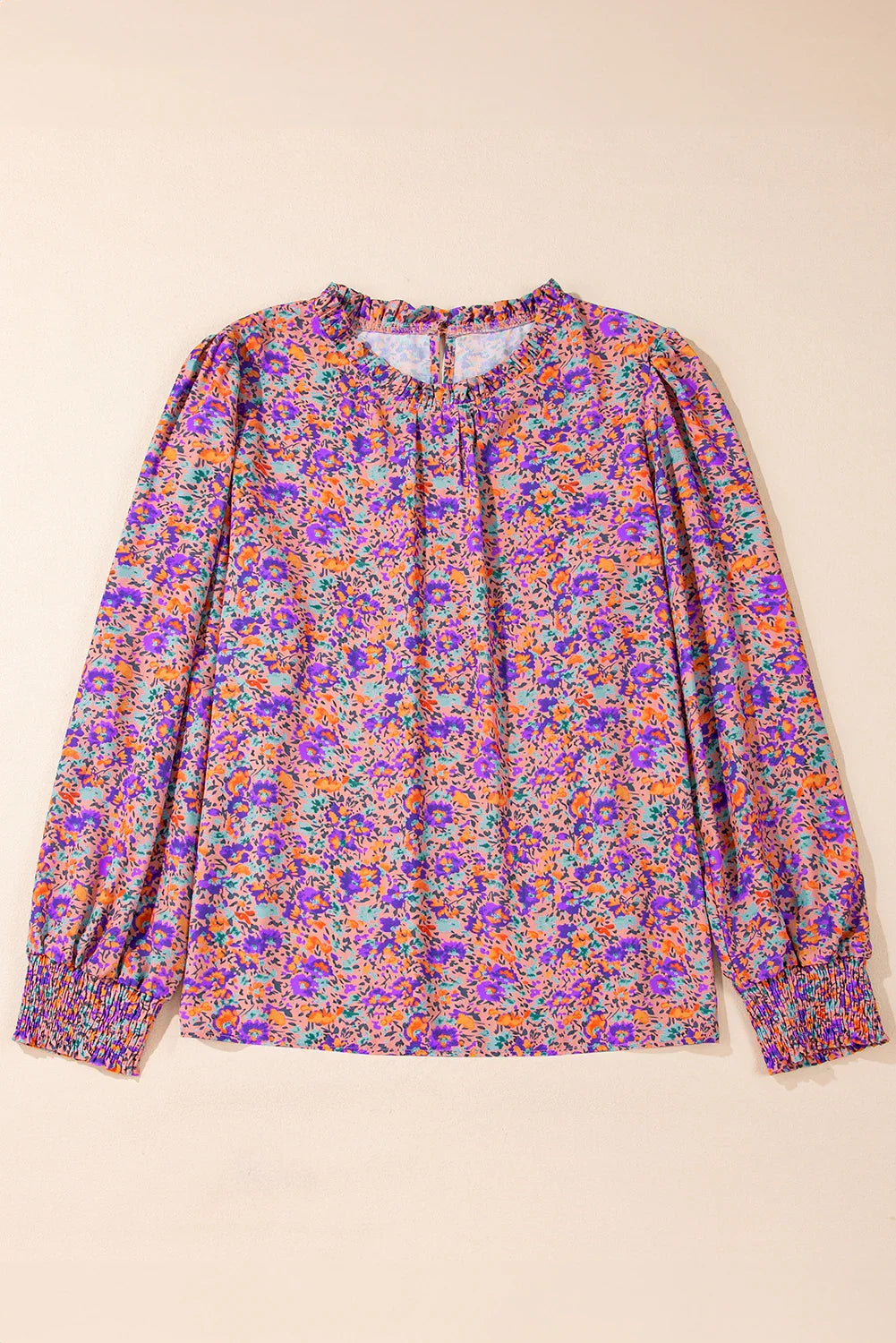 Purple Floral Print Frilled O-Neck Blouse with Shirred Cuffs